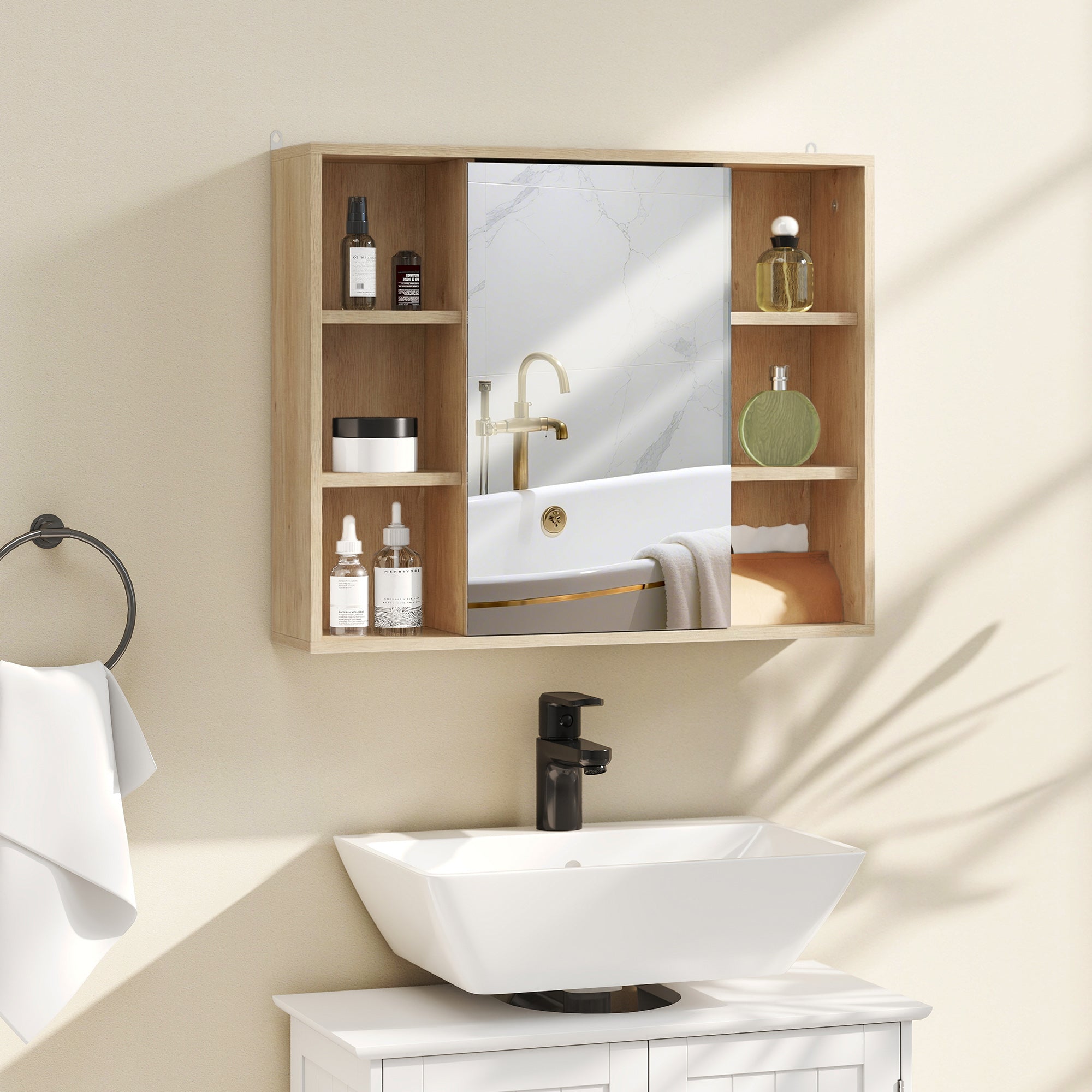 Wall-Mounted Bathroom Cabinet with Mirror — 6 Open Shelves & Mirrored Door, Natural Wood, 23.6 x 5.7 x 19.4 in