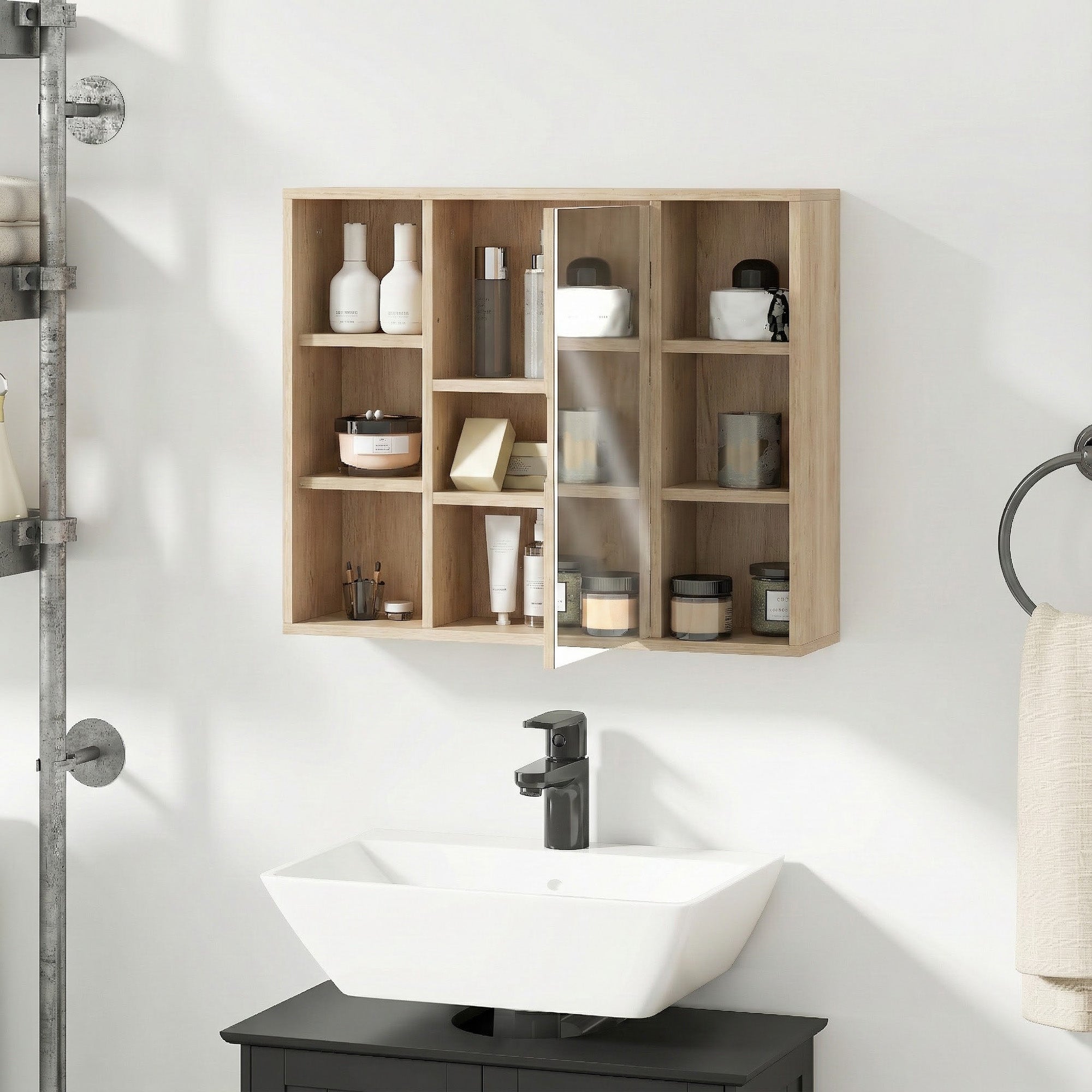 Wall-Mounted Bathroom Cabinet with Mirror — 6 Open Shelves & Mirrored Door, Natural Wood, 23.6 x 5.7 x 19.4 in