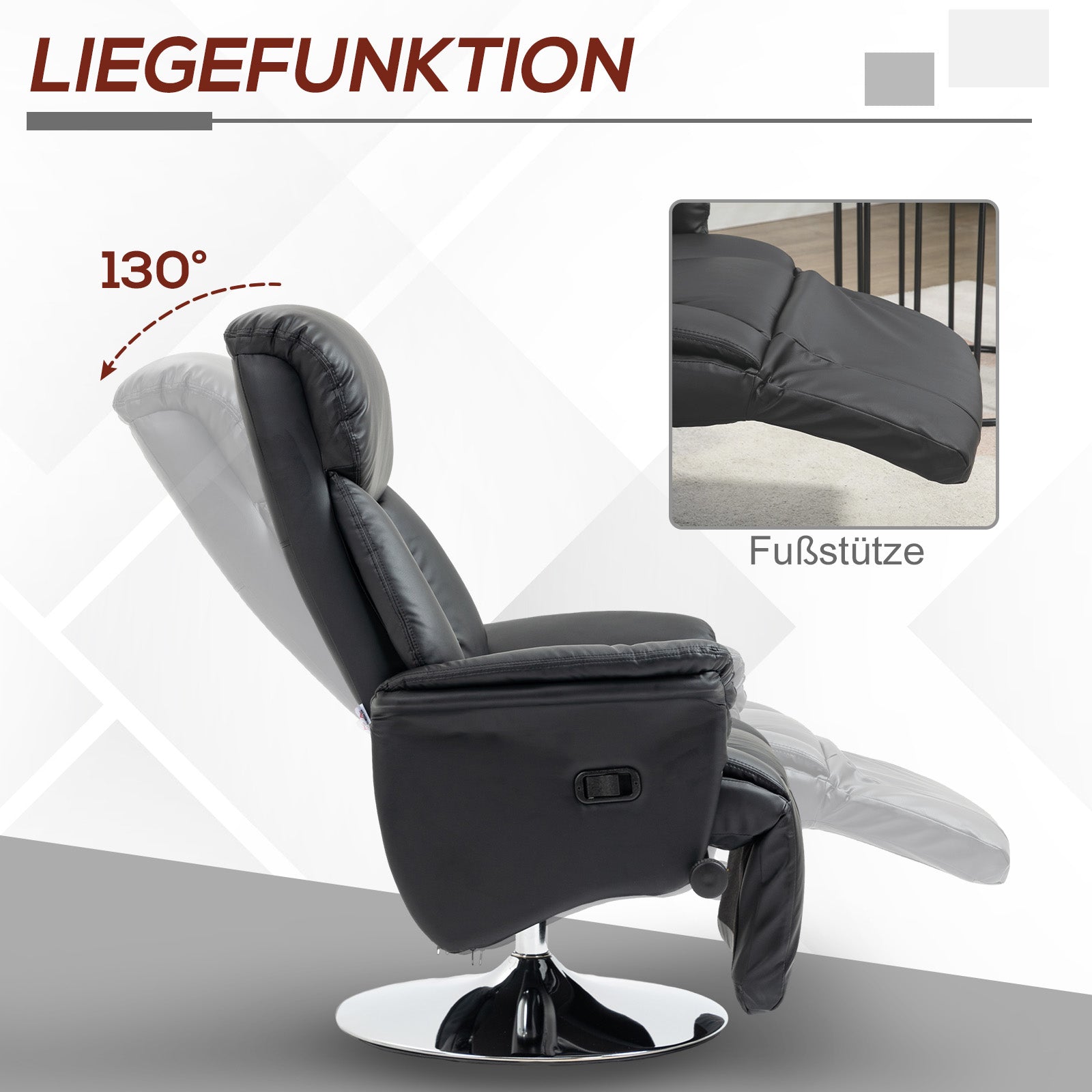 Reclining Chair Swivel TV Armchair with Reclining Function, Footrest, TV Chair up to 150 kg Load Capacity, for Living Room, Faux Leather, Black