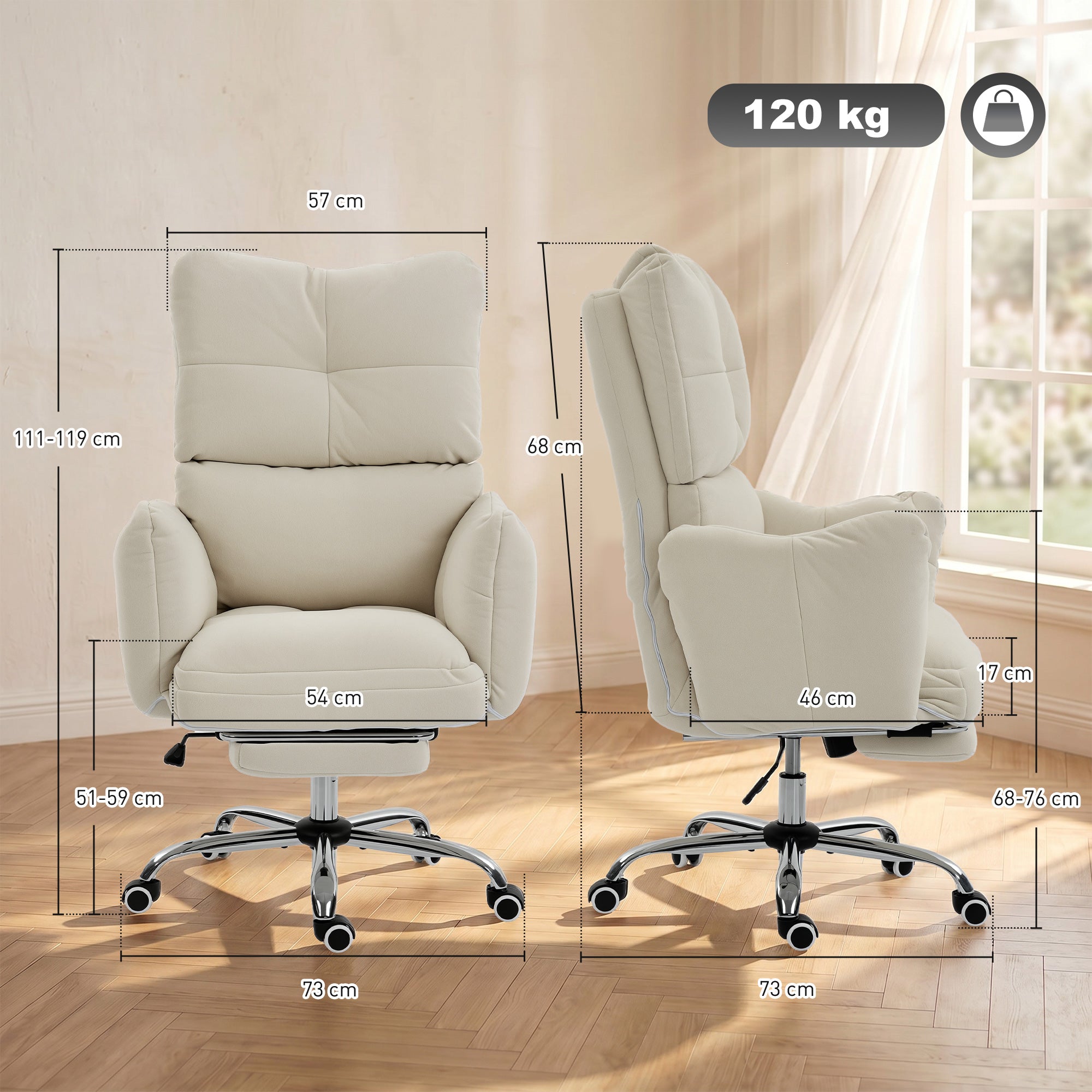 Ergonomic Office Chair with Footrest — Snow-White Flannel, Thick Padding, High Back, Height Adjustable, Cream White