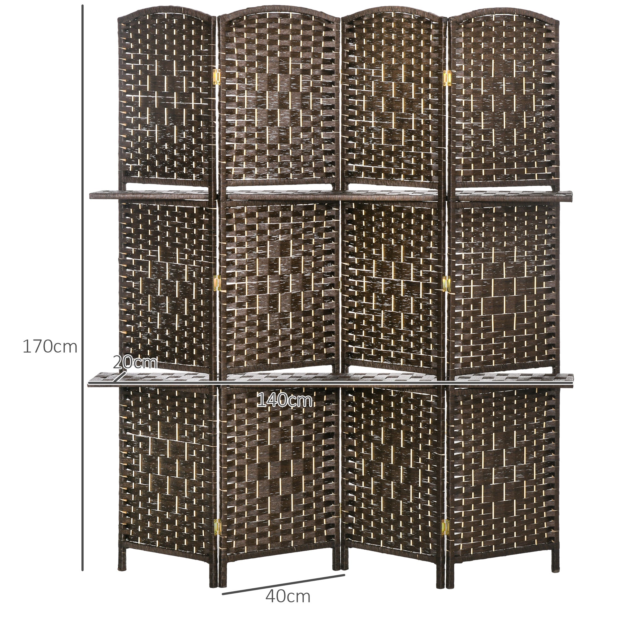 Room Divider 4 Panels 160 x170 cm with 2 Shelves, Folding, Pine Wood for Office, Living Room, Bedroom, Brown