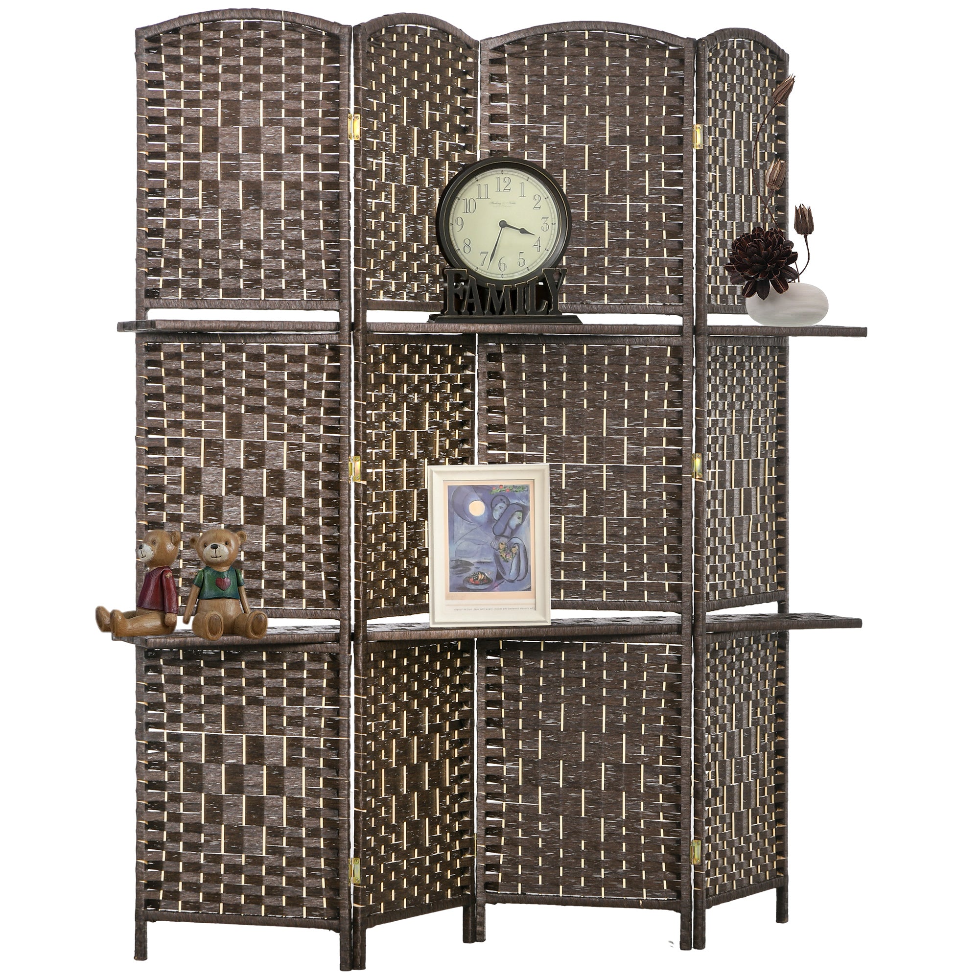 Room Divider 4 Panels 160 x170 cm with 2 Shelves, Folding, Pine Wood for Office, Living Room, Bedroom, Brown