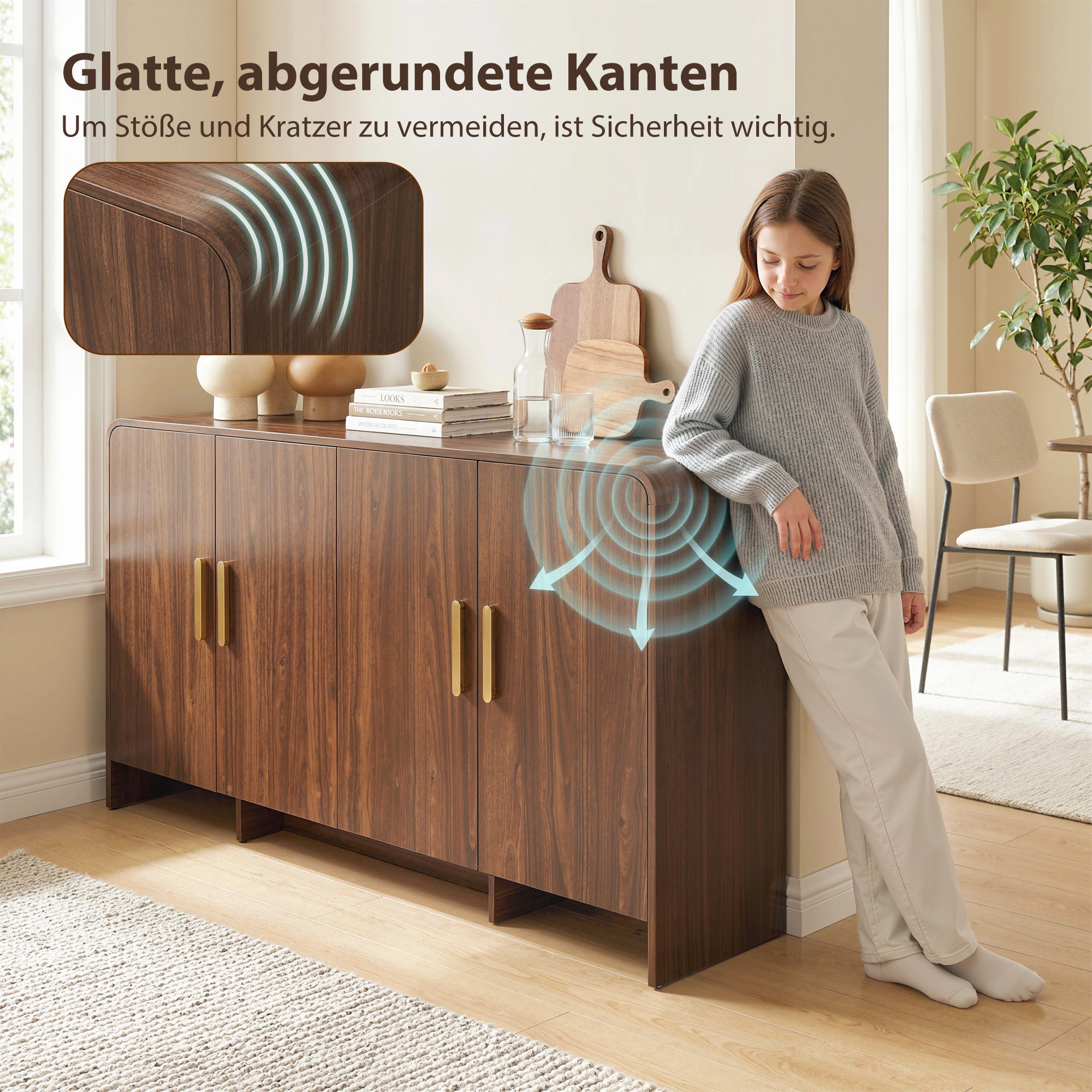 Modern Sideboard, 59.8 in Buffet Cabinet with 4 Storage Compartments, Soft-Close Doors, TV Stand for TVs up to 72 in, Walnut Brown