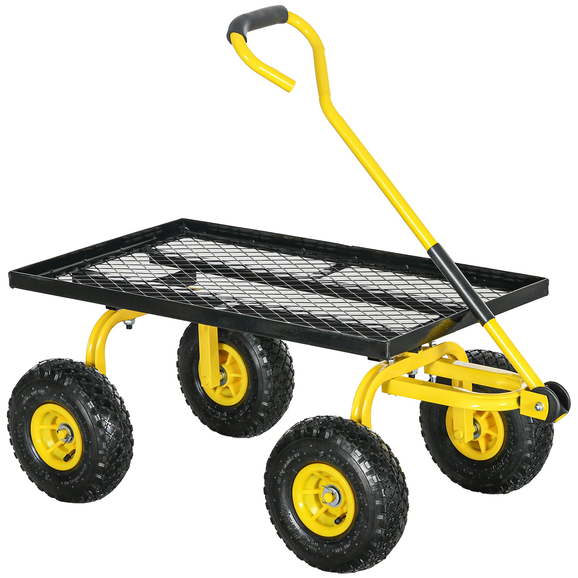 Garden Transport Cart Hand Trailer Wagon 4 Wheels 94L x 48.5W x 100H cm Max Load 150 Kg Yellow Metal