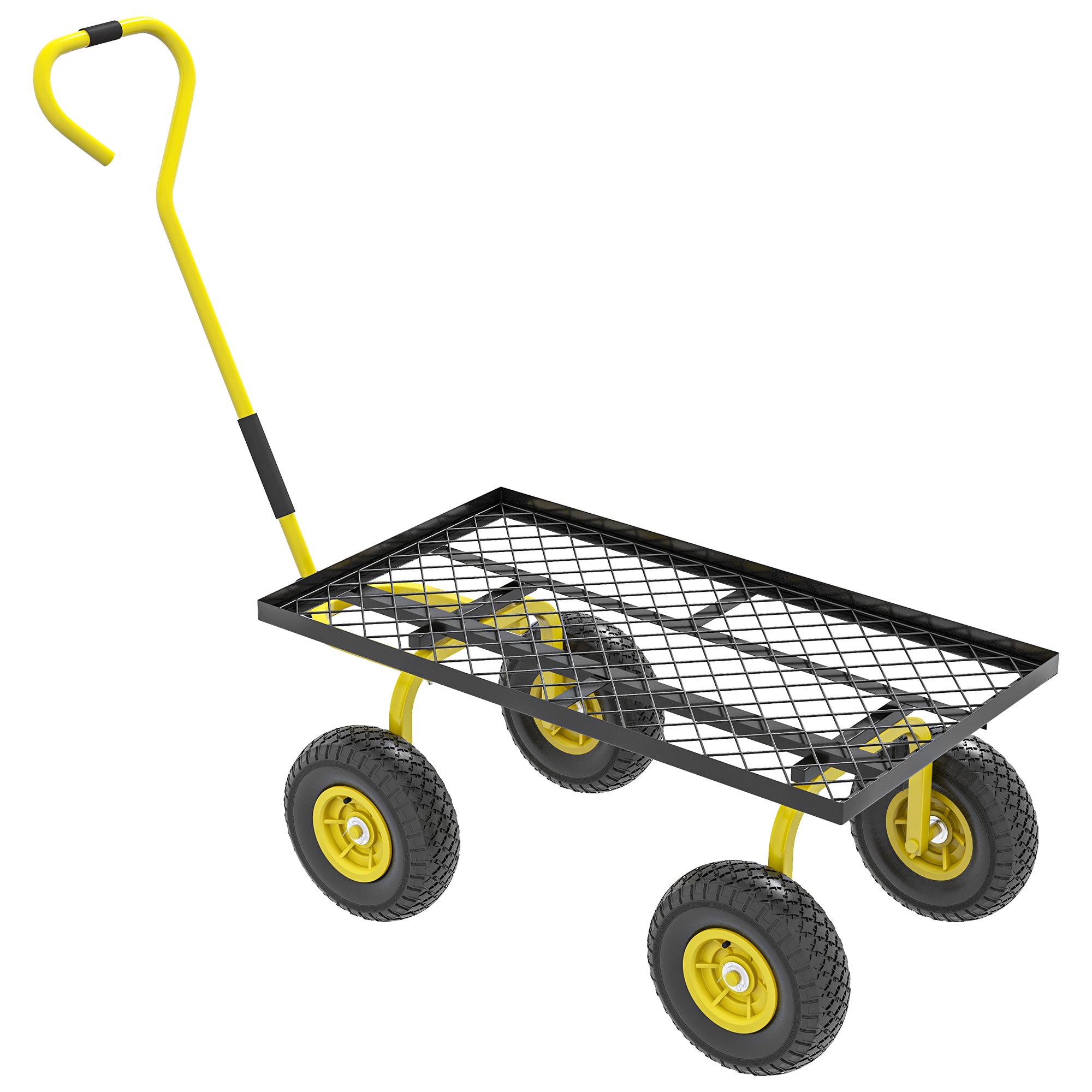 Garden Transport Cart Hand Trailer Wagon 4 Wheels 94L x 48.5W x 100H cm Max Load 150 Kg Yellow Metal
