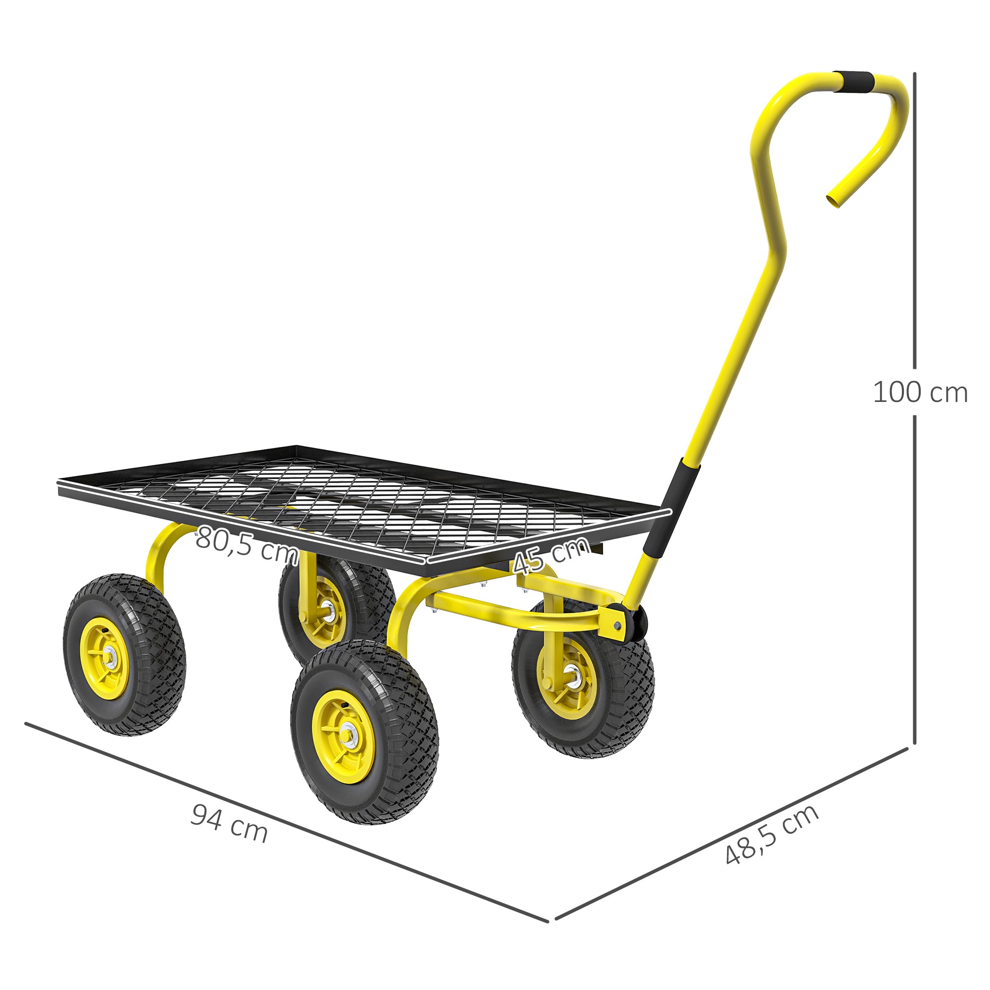 Garden Transport Cart Hand Trailer Wagon 4 Wheels 94L x 48.5W x 100H cm Max Load 150 Kg Yellow Metal