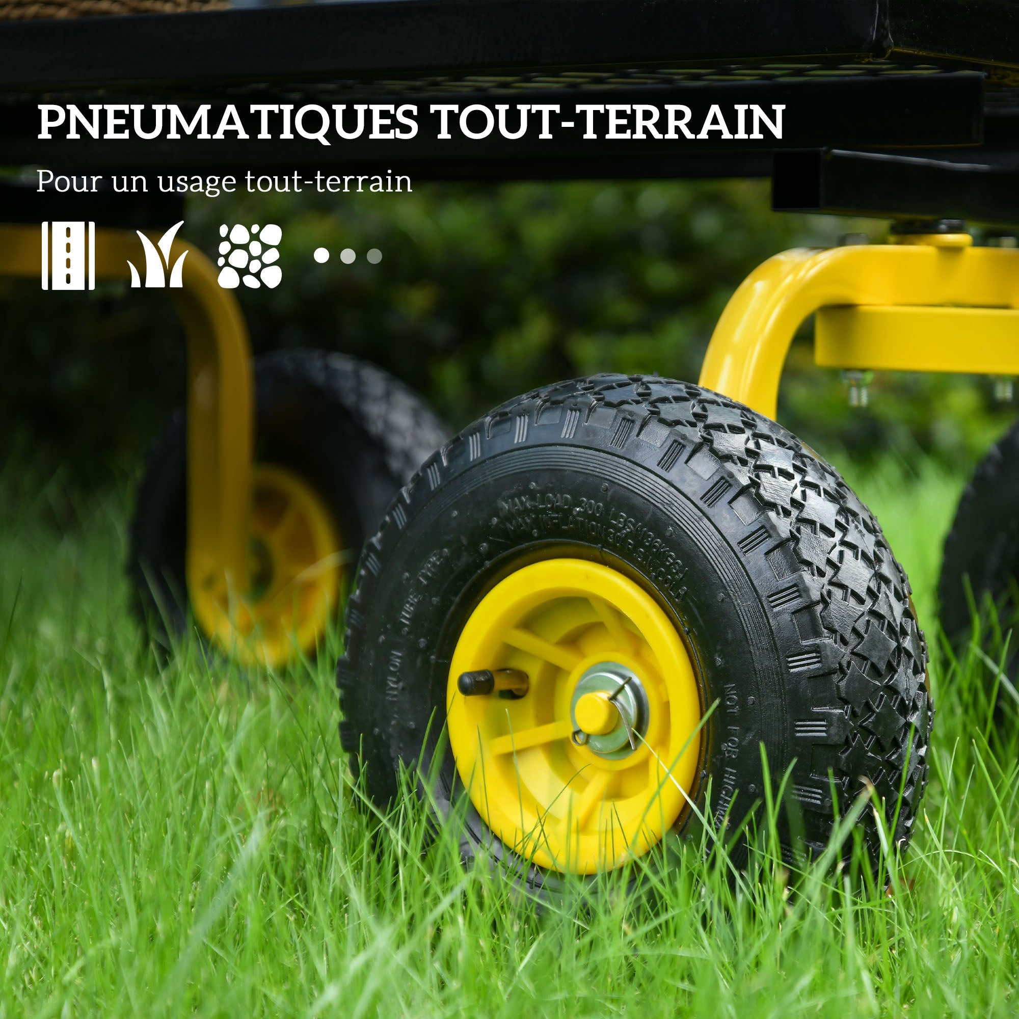 Garden Transport Cart Hand Trailer Wagon 4 Wheels 94L x 48.5W x 100H cm Max Load 150 Kg Yellow Metal