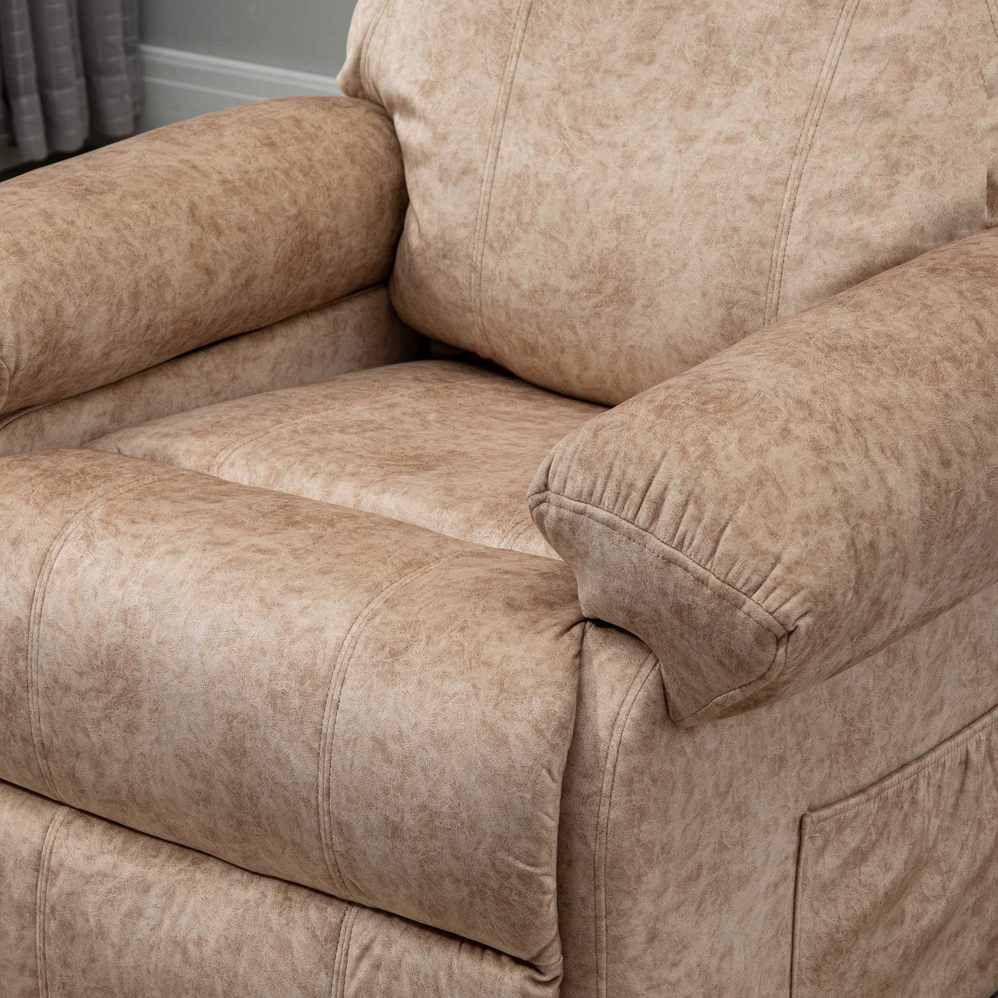 Velvet Upholstered Manual Reclining Relax Armchair with Retractable Footrest and Side Pockets for Living Room Office Bedroom 88x91x108 cm Beige