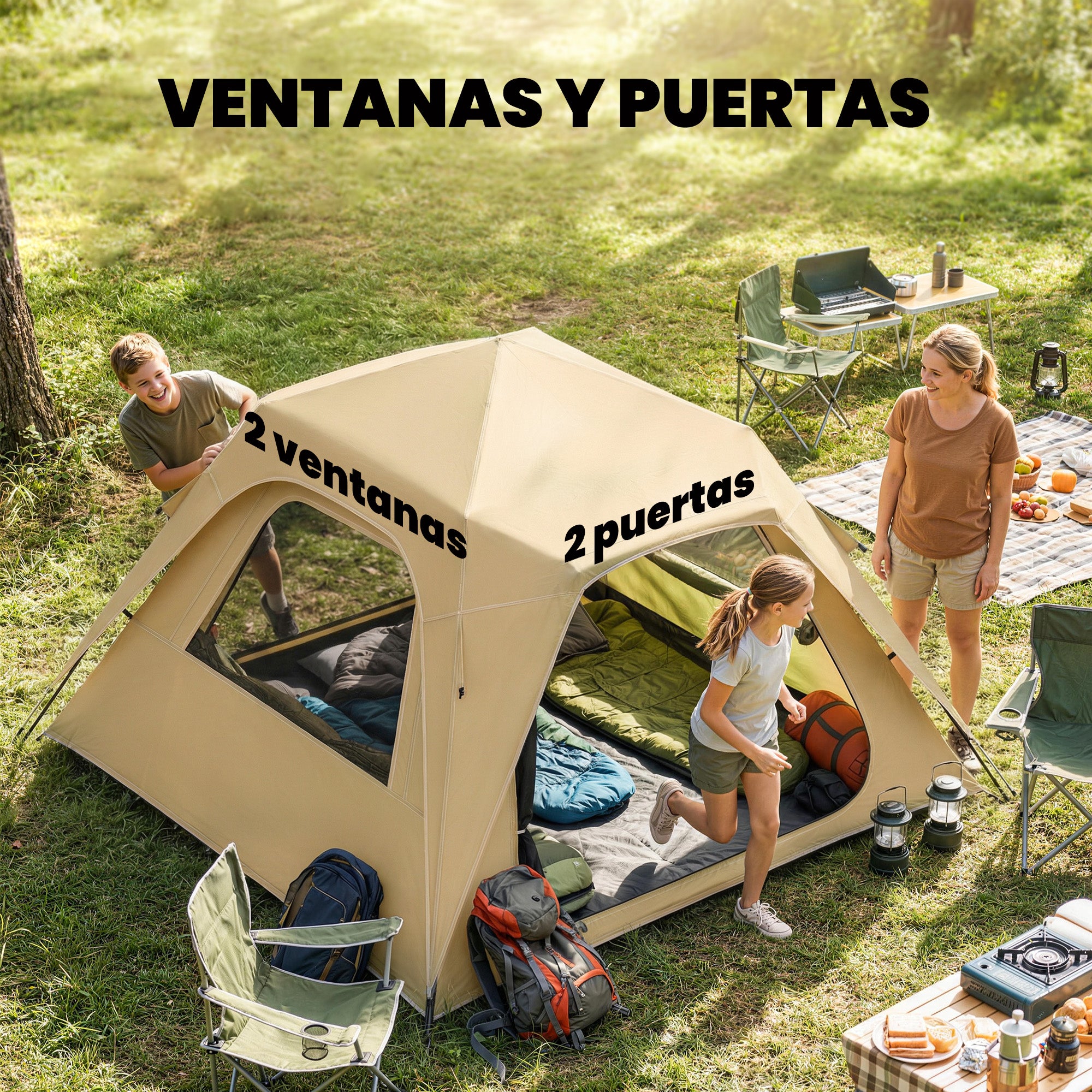 Instant Pop-Up Tent with Mesh Windows & Carry Bag, 3000 mm Waterproof, UPF50+ – 3–4 Person, Khaki