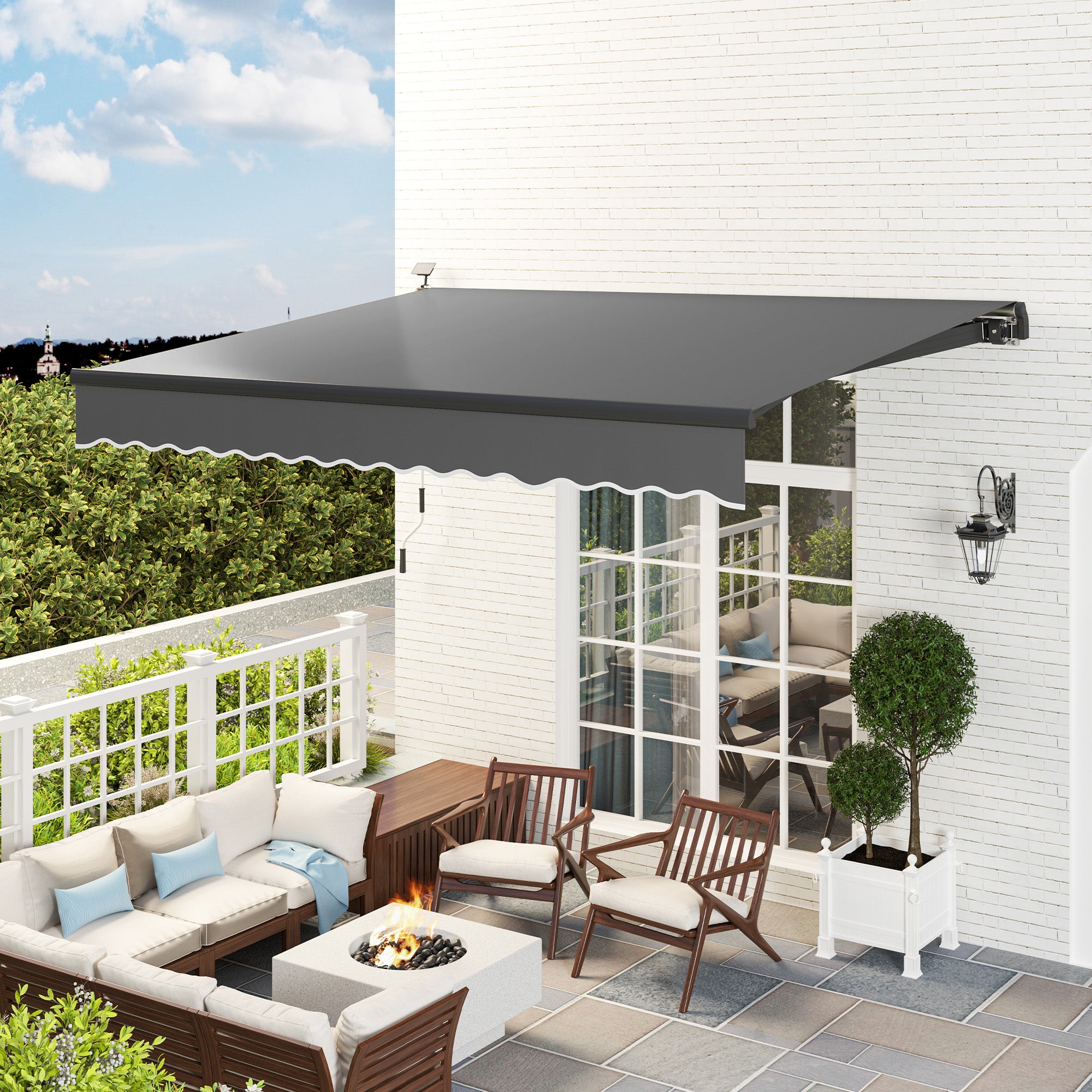 Clamp Awning with Hand Crank Solar Lights Joint Arm Awning Awning Sun Protection UV 50+, Balcony Awning including Wall Bracket Sun Awning 400 cm Wide for Terrace Balcony Porch, Gray