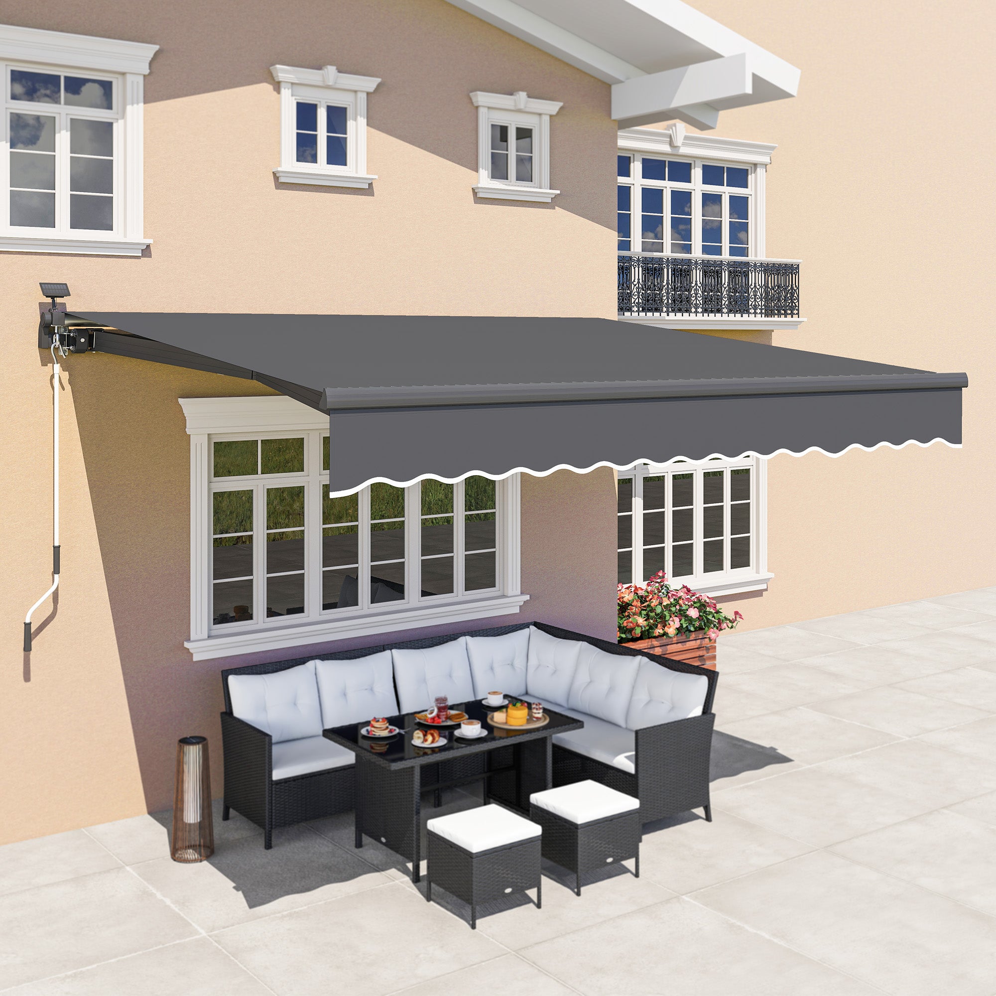 Clamp Awning with Hand Crank Solar Lights Joint Arm Awning Awning Sun Protection UV 50+, Balcony Awning including Wall Bracket Sun Awning 400 cm Wide for Terrace Balcony Porch, Gray