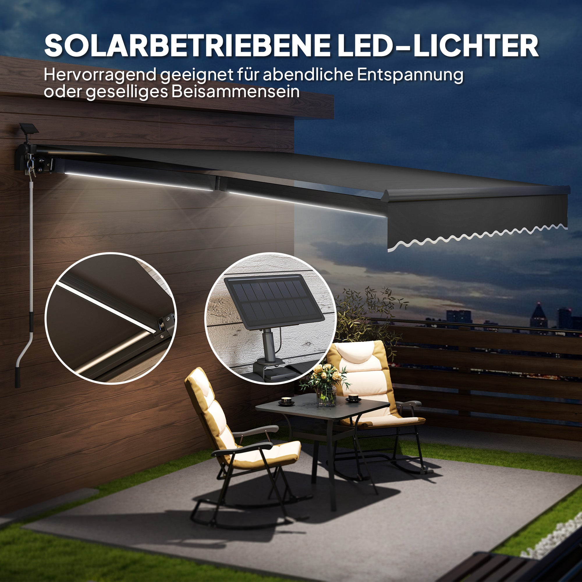 Clamp Awning with Hand Crank Solar Lights Joint Arm Awning Awning Sun Protection UV 50+, Balcony Awning including Wall Bracket Sun Awning 400 cm Wide for Terrace Balcony Porch, Gray