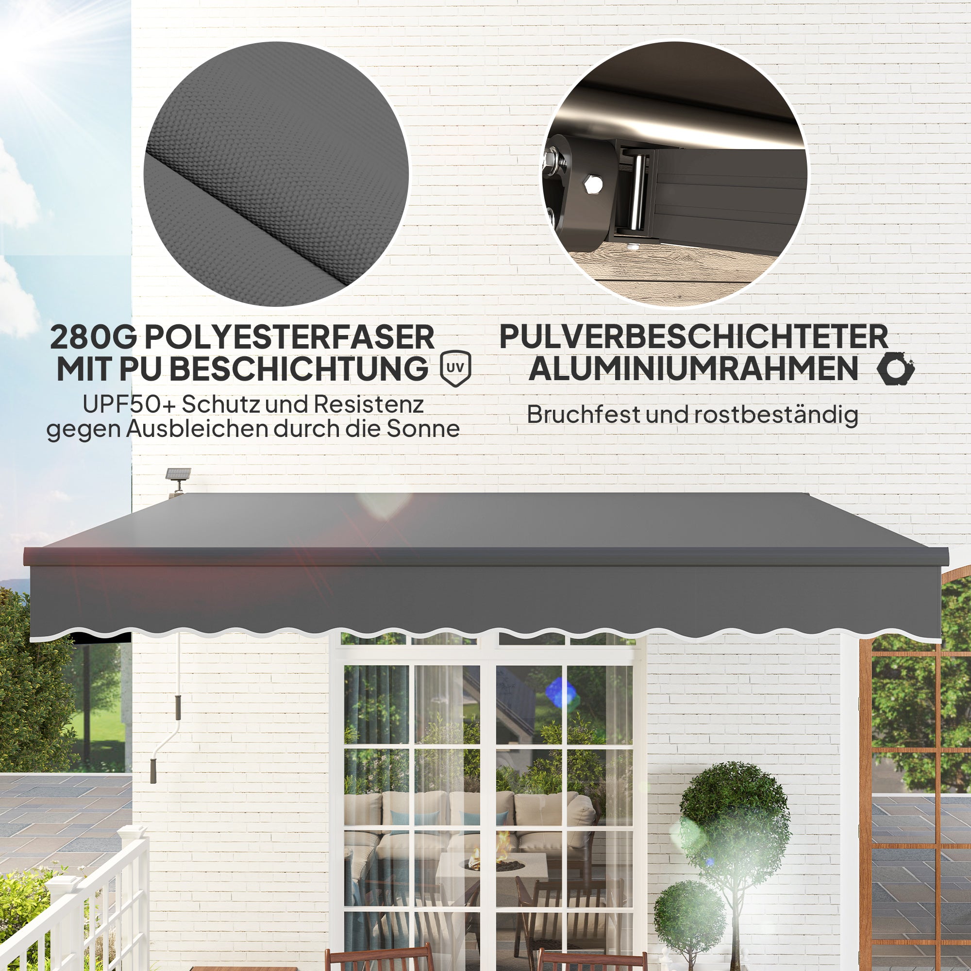 Clamp Awning with Hand Crank Solar Lights Joint Arm Awning Awning Sun Protection UV 50+, Balcony Awning including Wall Bracket Sun Awning 400 cm Wide for Terrace Balcony Porch, Gray