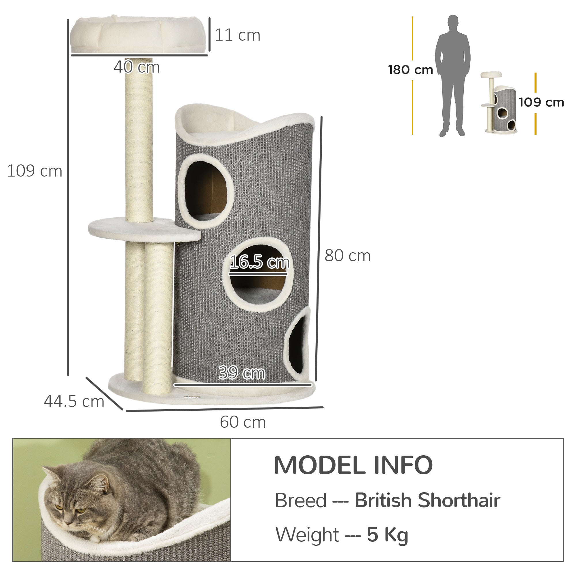 Cat Tree, 109 cm, Cat Tree with Scratching Barrel, Climbing Tree, Cat Scratching Post with Cat Bed, Cat Furniture with Sisal Posts, Cat Scratching Barrel for Cats, White+Gray