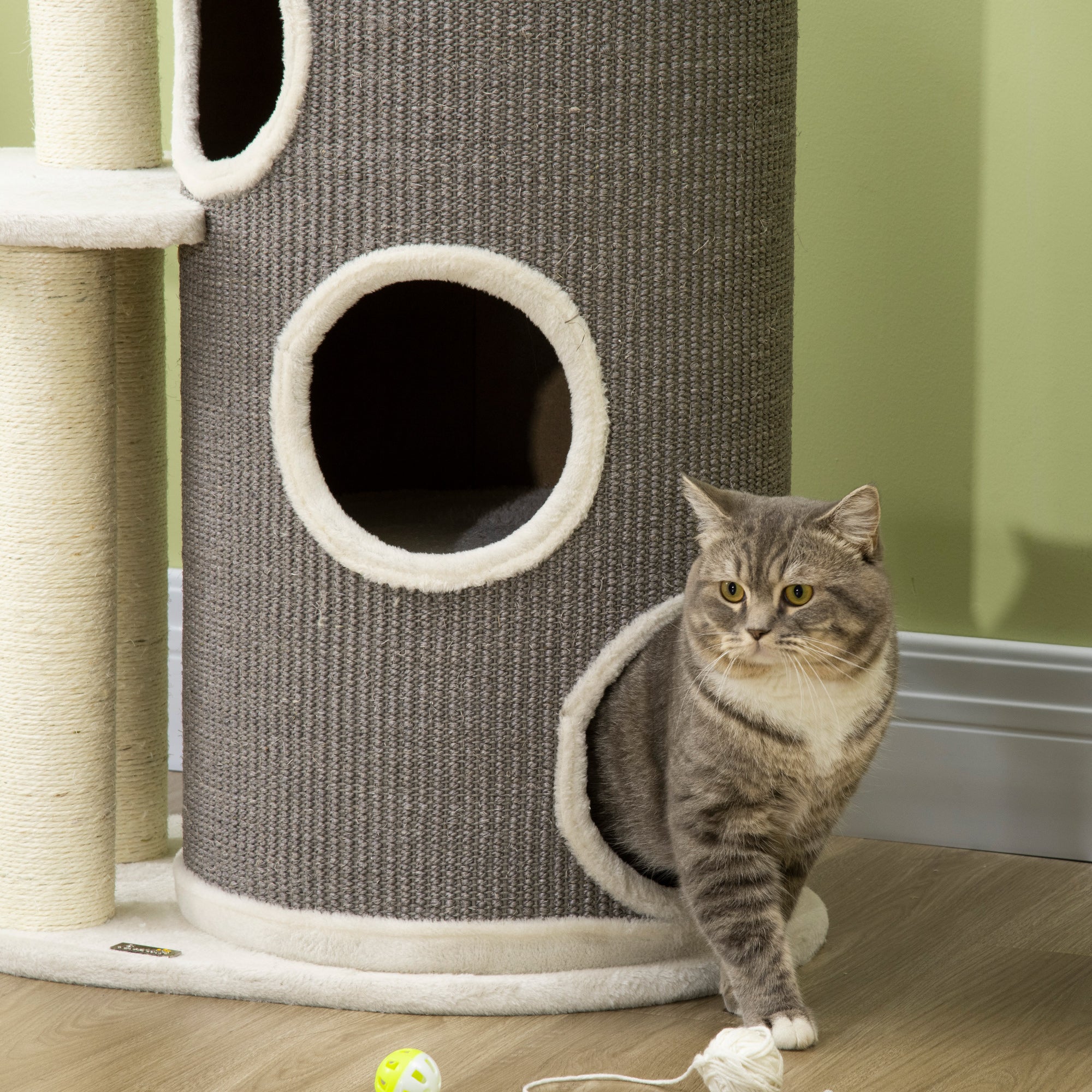 Cat Tree, 109 cm, Cat Tree with Scratching Barrel, Climbing Tree, Cat Scratching Post with Cat Bed, Cat Furniture with Sisal Posts, Cat Scratching Barrel for Cats, White+Gray