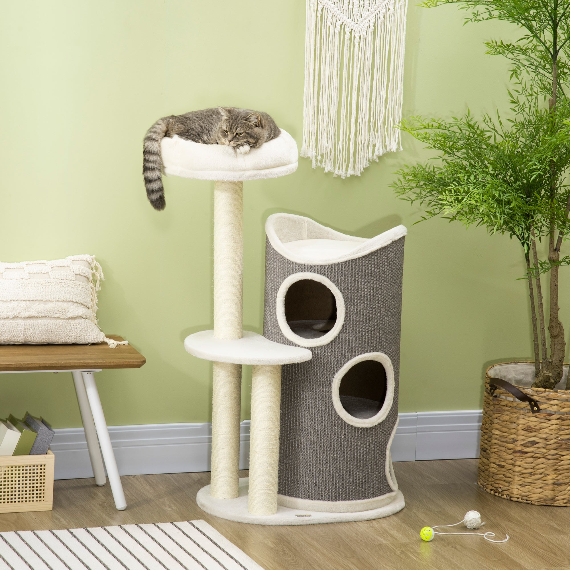 Cat Tree, 109 cm, Cat Tree with Scratching Barrel, Climbing Tree, Cat Scratching Post with Cat Bed, Cat Furniture with Sisal Posts, Cat Scratching Barrel for Cats, White+Gray