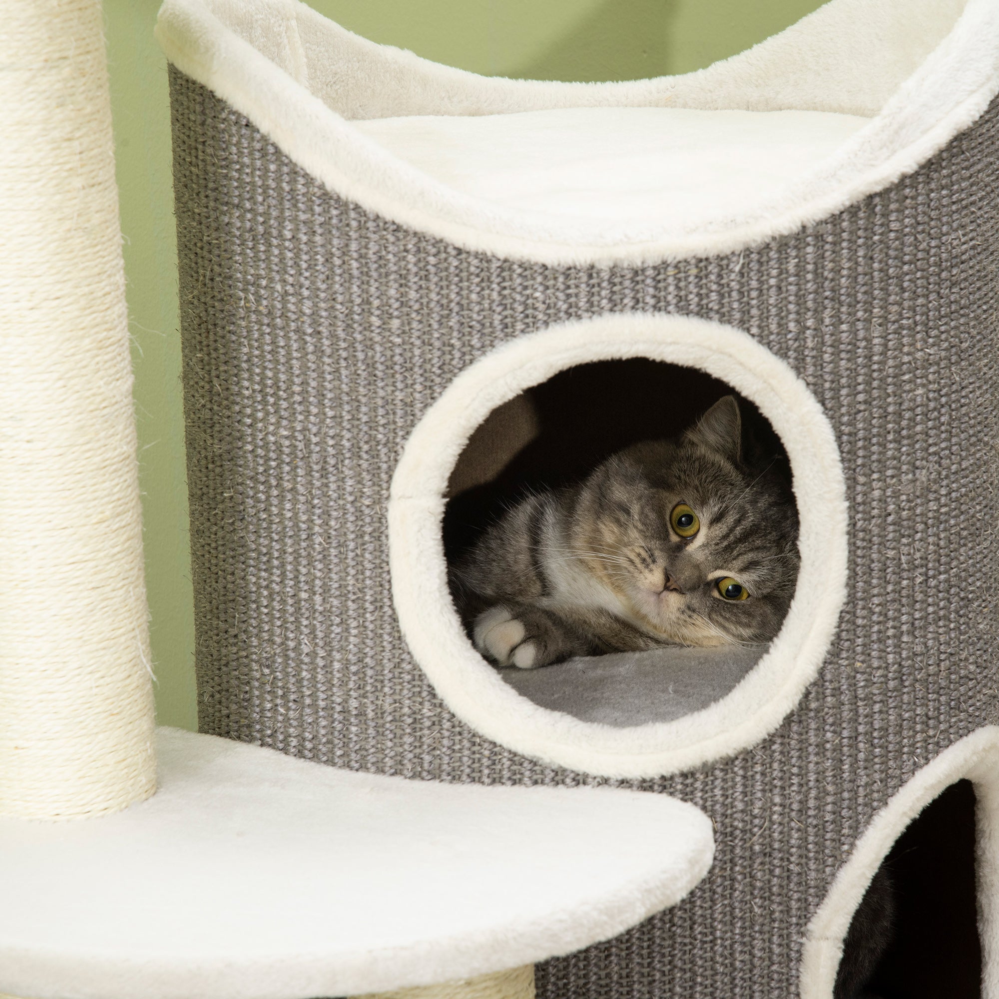 Cat Tree, 109 cm, Cat Tree with Scratching Barrel, Climbing Tree, Cat Scratching Post with Cat Bed, Cat Furniture with Sisal Posts, Cat Scratching Barrel for Cats, White+Gray