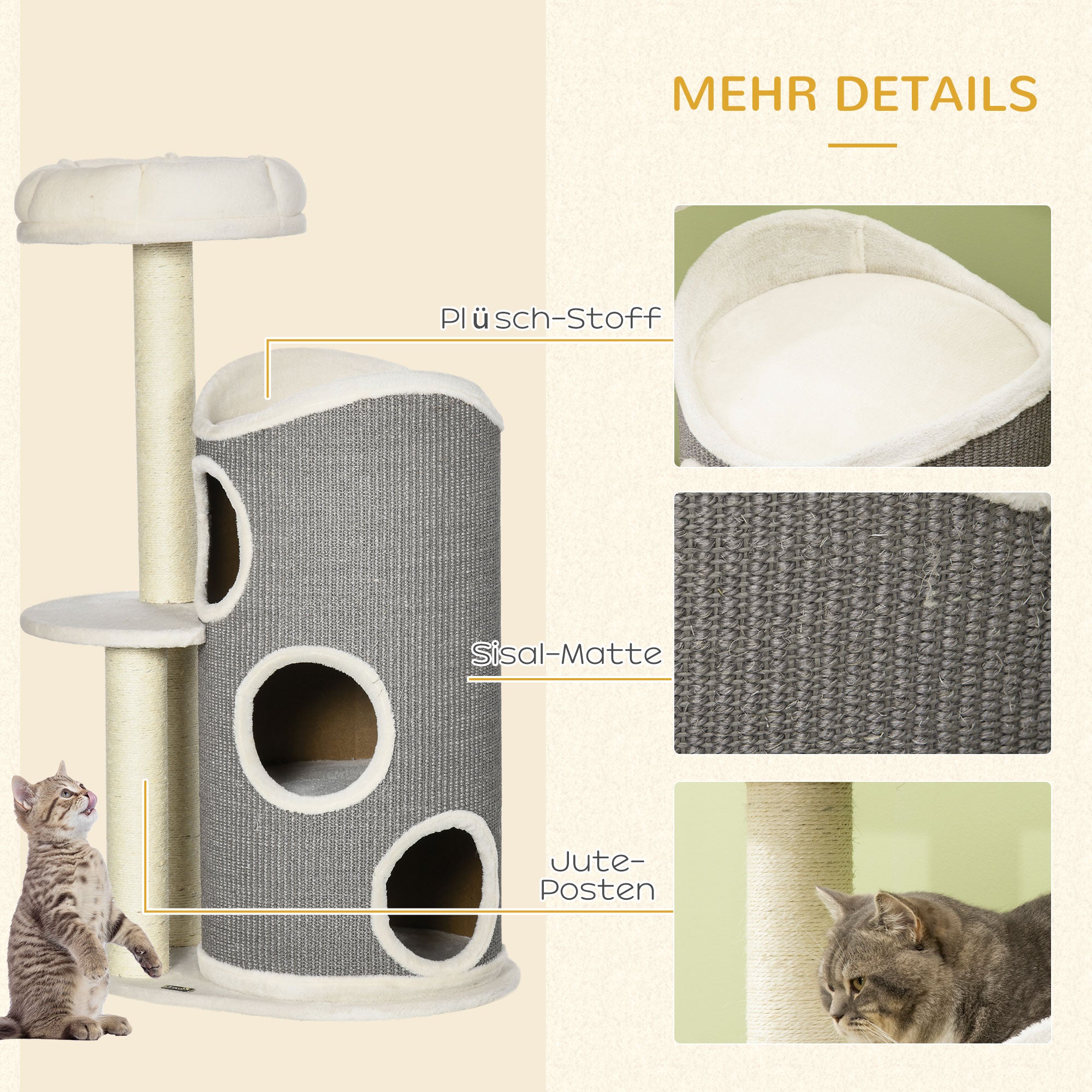 Cat Tree, 109 cm, Cat Tree with Scratching Barrel, Climbing Tree, Cat Scratching Post with Cat Bed, Cat Furniture with Sisal Posts, Cat Scratching Barrel for Cats, White+Gray