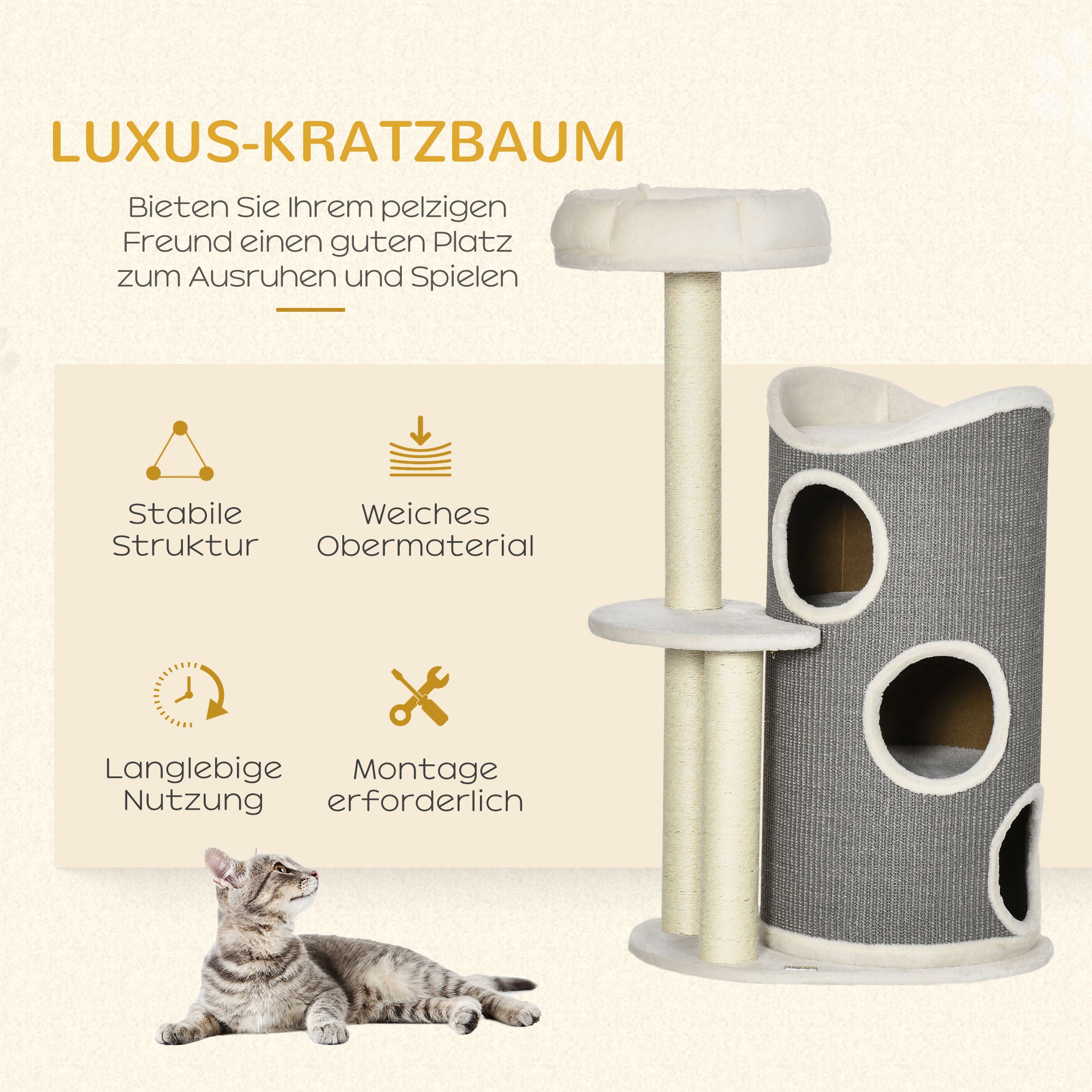 Cat Tree, 109 cm, Cat Tree with Scratching Barrel, Climbing Tree, Cat Scratching Post with Cat Bed, Cat Furniture with Sisal Posts, Cat Scratching Barrel for Cats, White+Gray