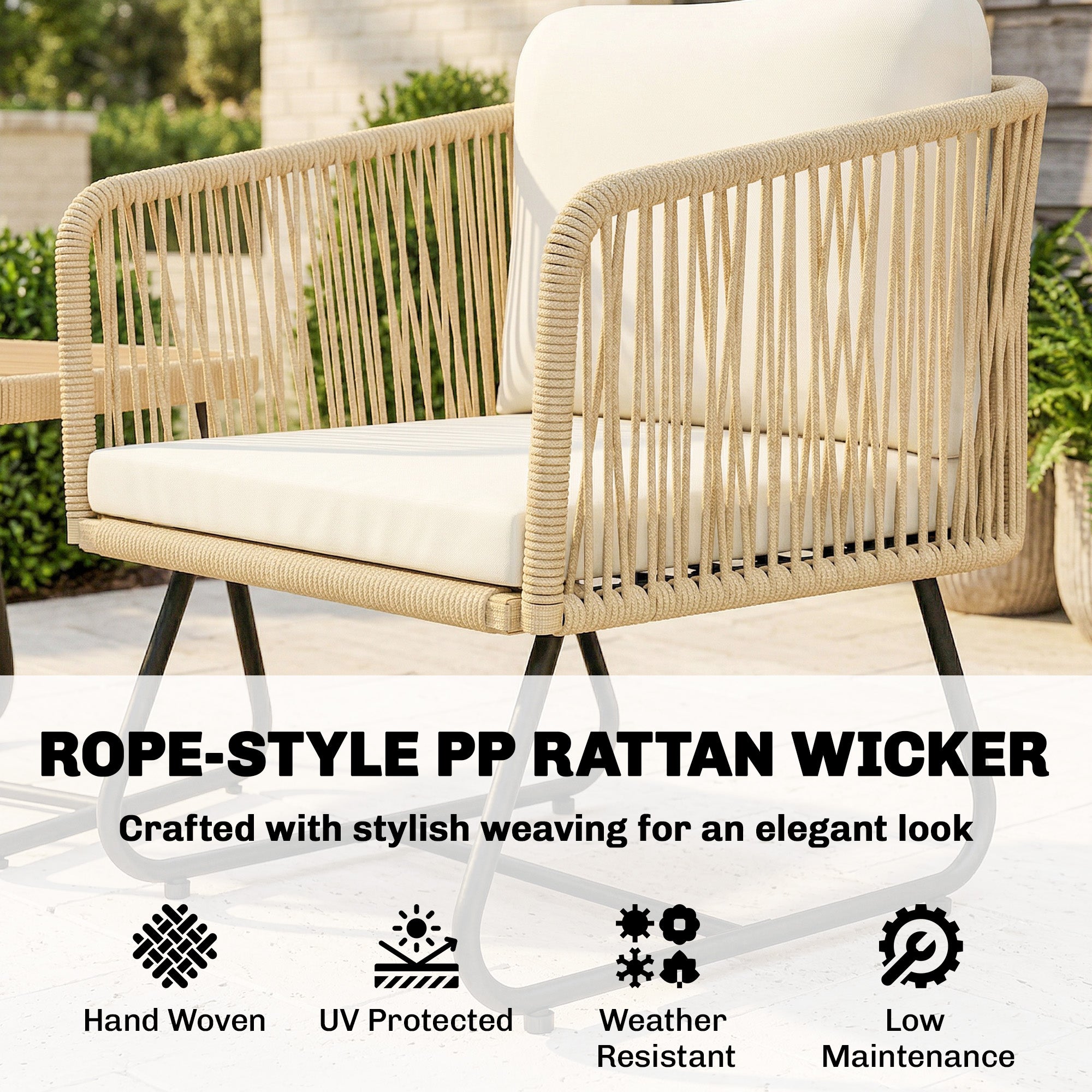 3-Piece Rattan Bistro Set with Acacia Slatted Table & 2 Padded Chairs, Cream White
