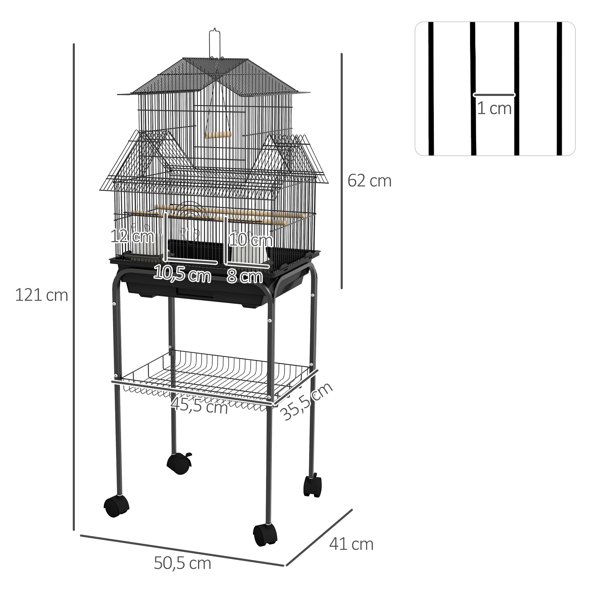 Bird Cage Design House Feeders Perches 3 doors Removable Droppings Tray + Transport Handle 50.5 x 41 x 121 cm Black