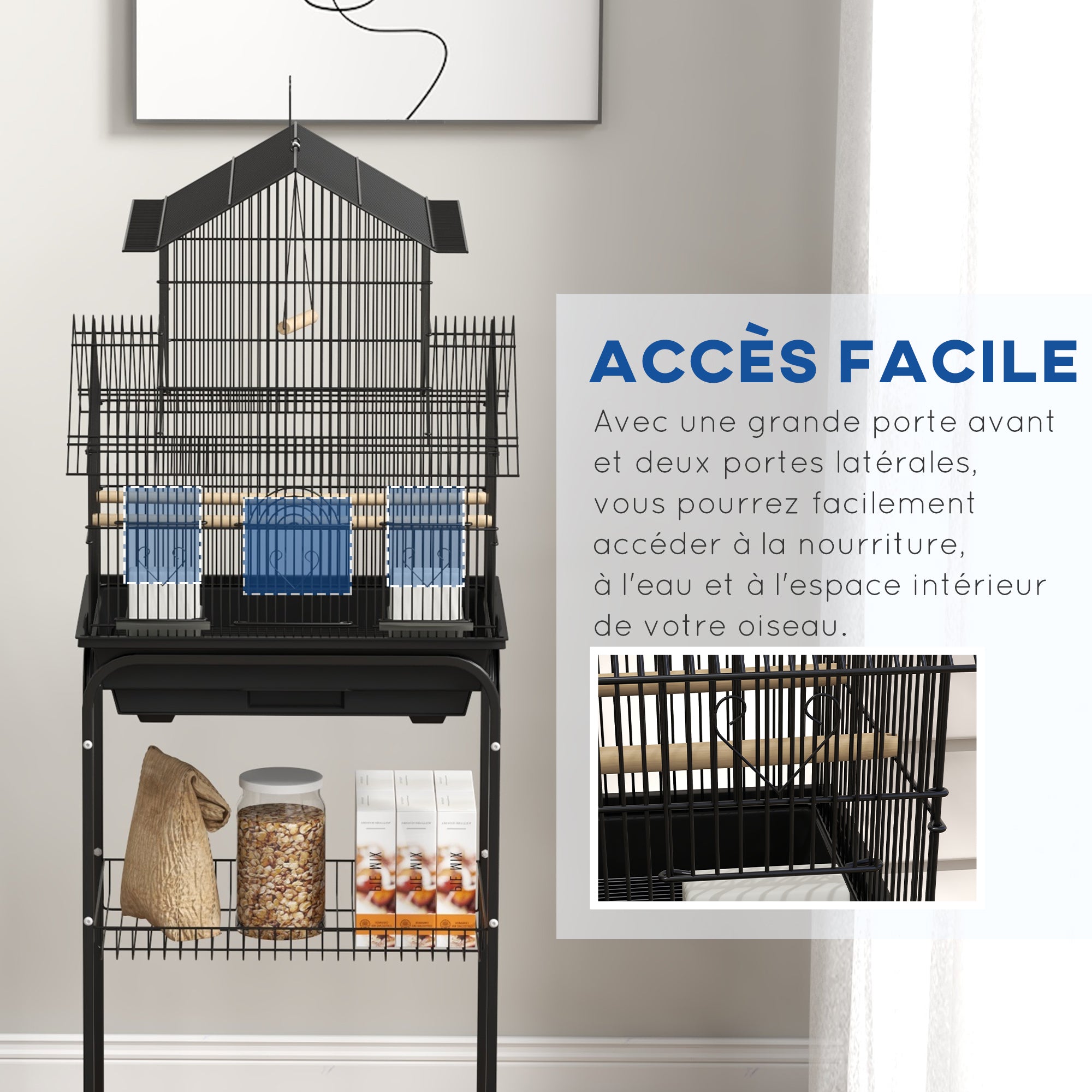 Bird Cage Design House Feeders Perches 3 doors Removable Droppings Tray + Transport Handle 50.5 x 41 x 121 cm Black