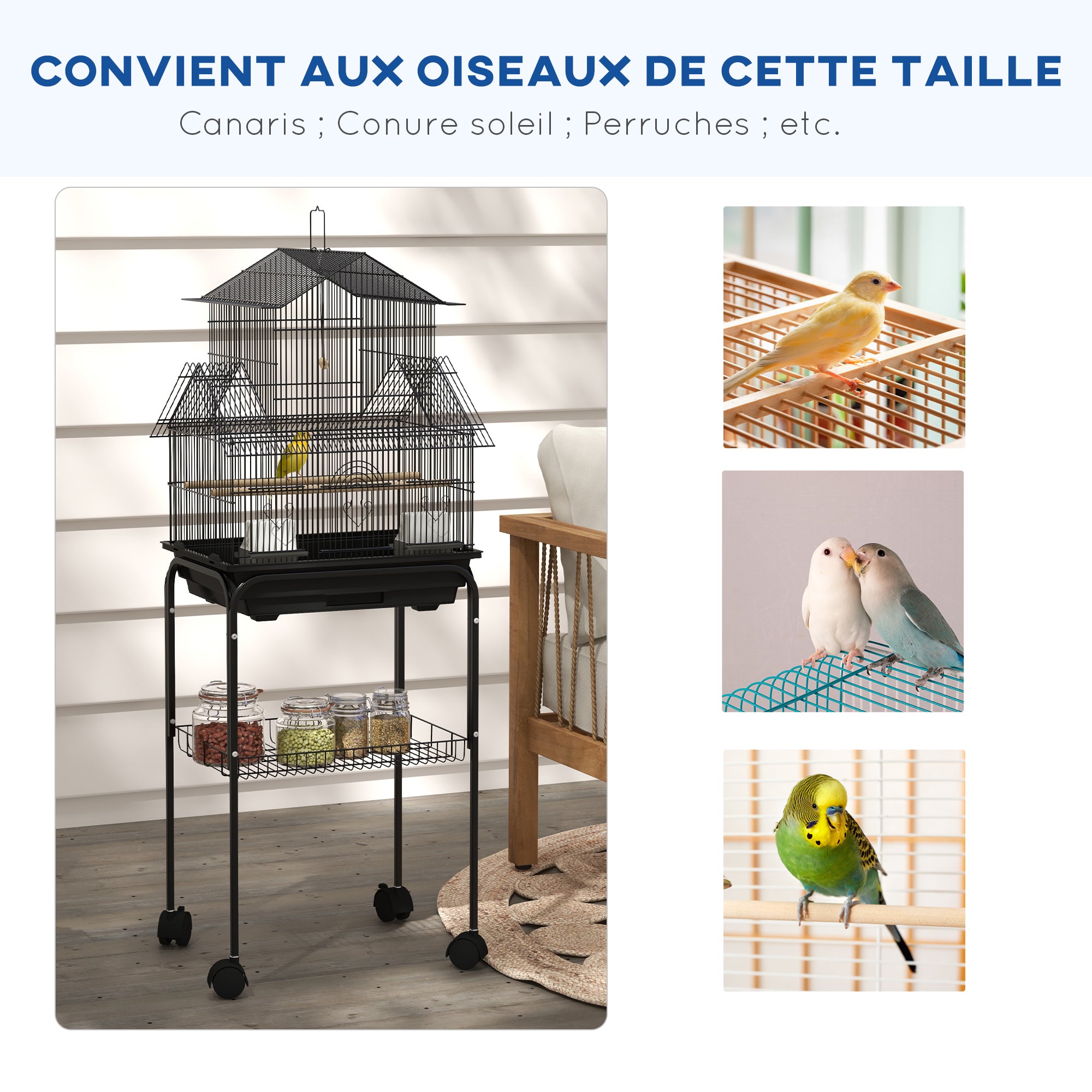 Bird Cage Design House Feeders Perches 3 doors Removable Droppings Tray + Transport Handle 50.5 x 41 x 121 cm Black