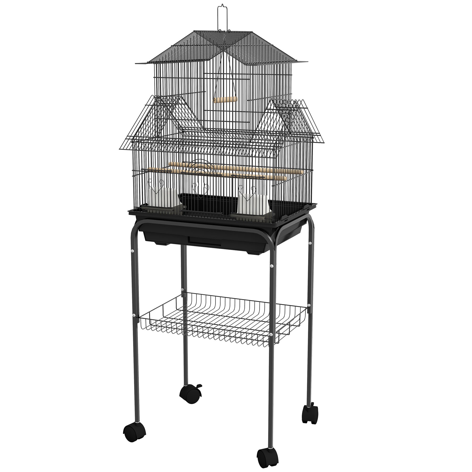 Bird Cage Design House Feeders Perches 3 doors Removable Droppings Tray + Transport Handle 50.5 x 41 x 121 cm Black