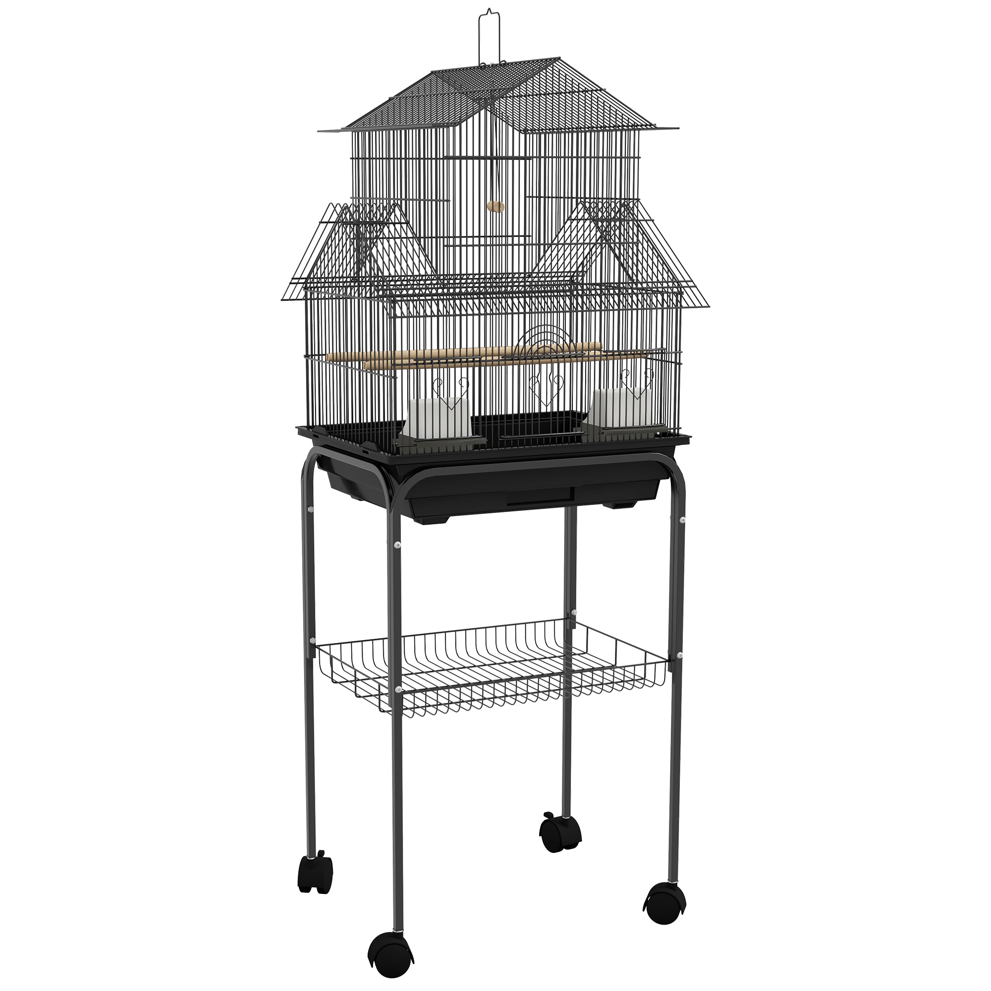 Bird Cage Design House Feeders Perches 3 doors Removable Droppings Tray + Transport Handle 50.5 x 41 x 121 cm Black
