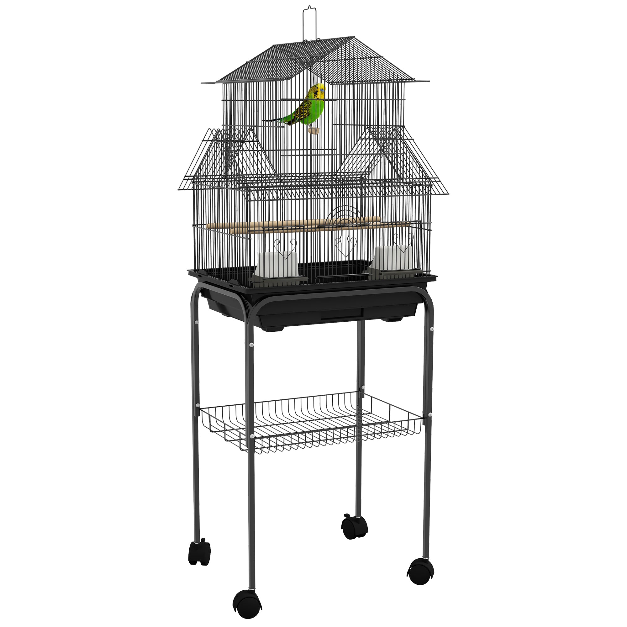 Bird Cage Design House Feeders Perches 3 doors Removable Droppings Tray + Transport Handle 50.5 x 41 x 121 cm Black