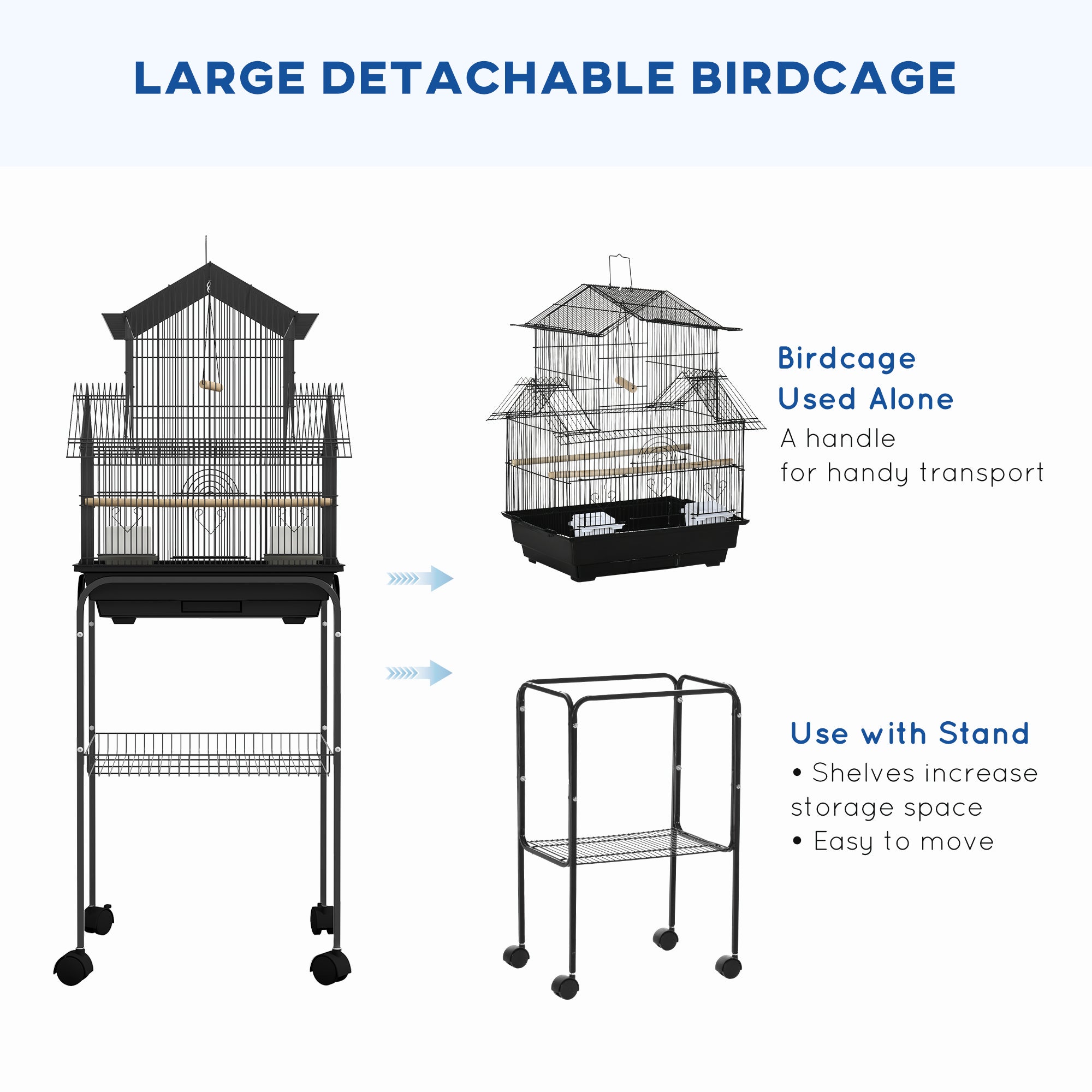 Bird Cage Design House Feeders Perches 3 doors Removable Droppings Tray + Transport Handle 50.5 x 41 x 121 cm Black