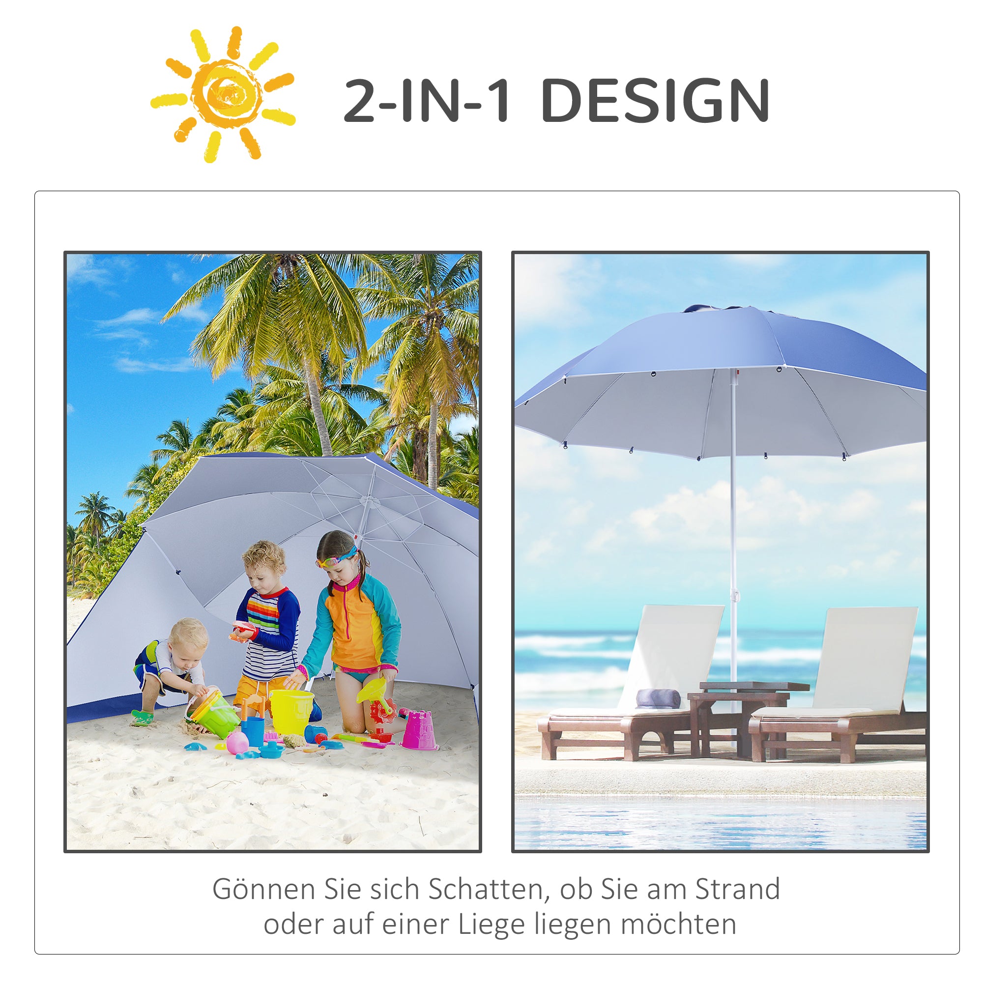 2 in 1 Beach Umbrella Beach Shelter Windbreak Beach Shelter Blue Φ210xH222cm