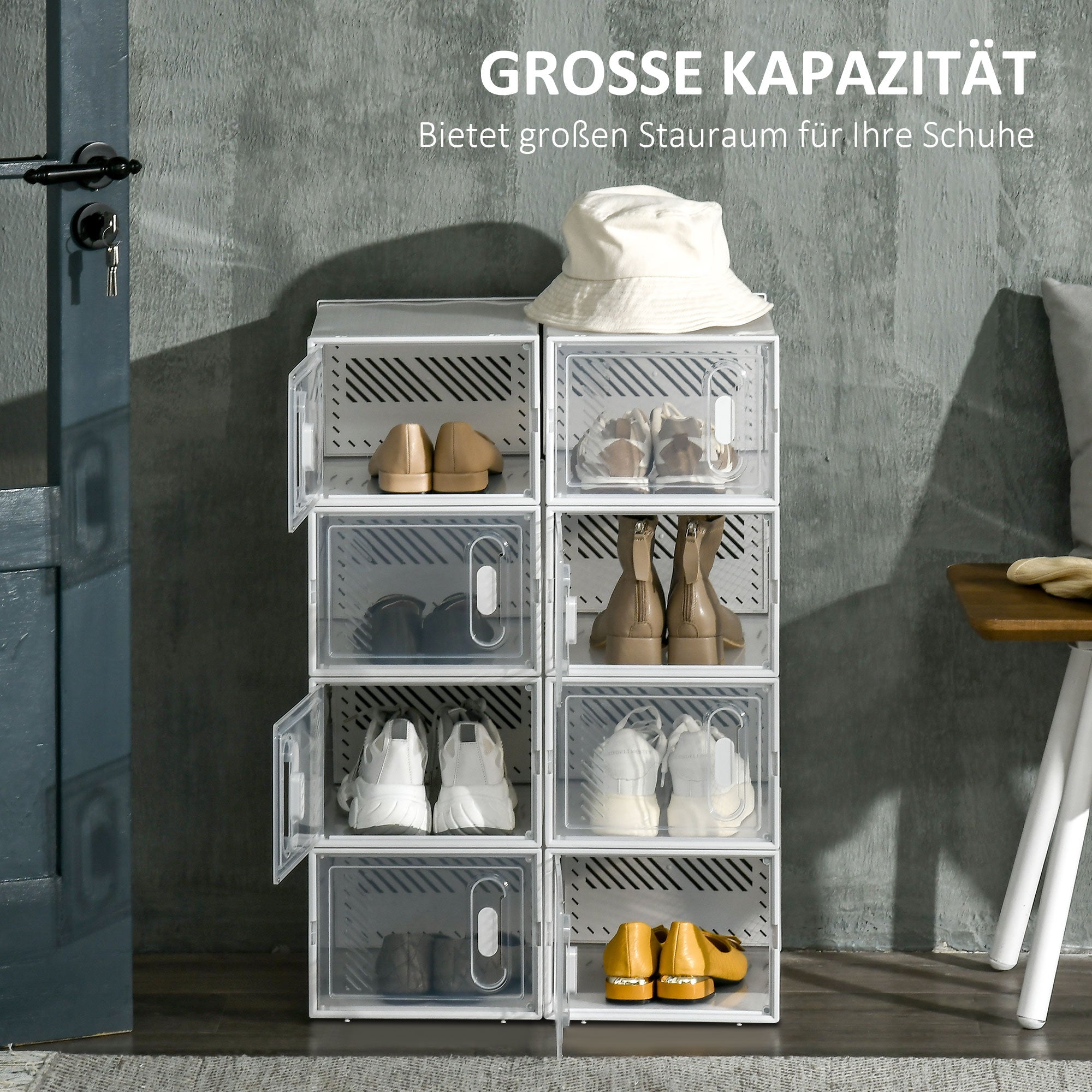 Stackable Shoe Boxes 8 Pieces Shoe Storage Boxes with Ventilation Openings Shoe Rack for High Heels, Booties, up to Size 43 Transparent White