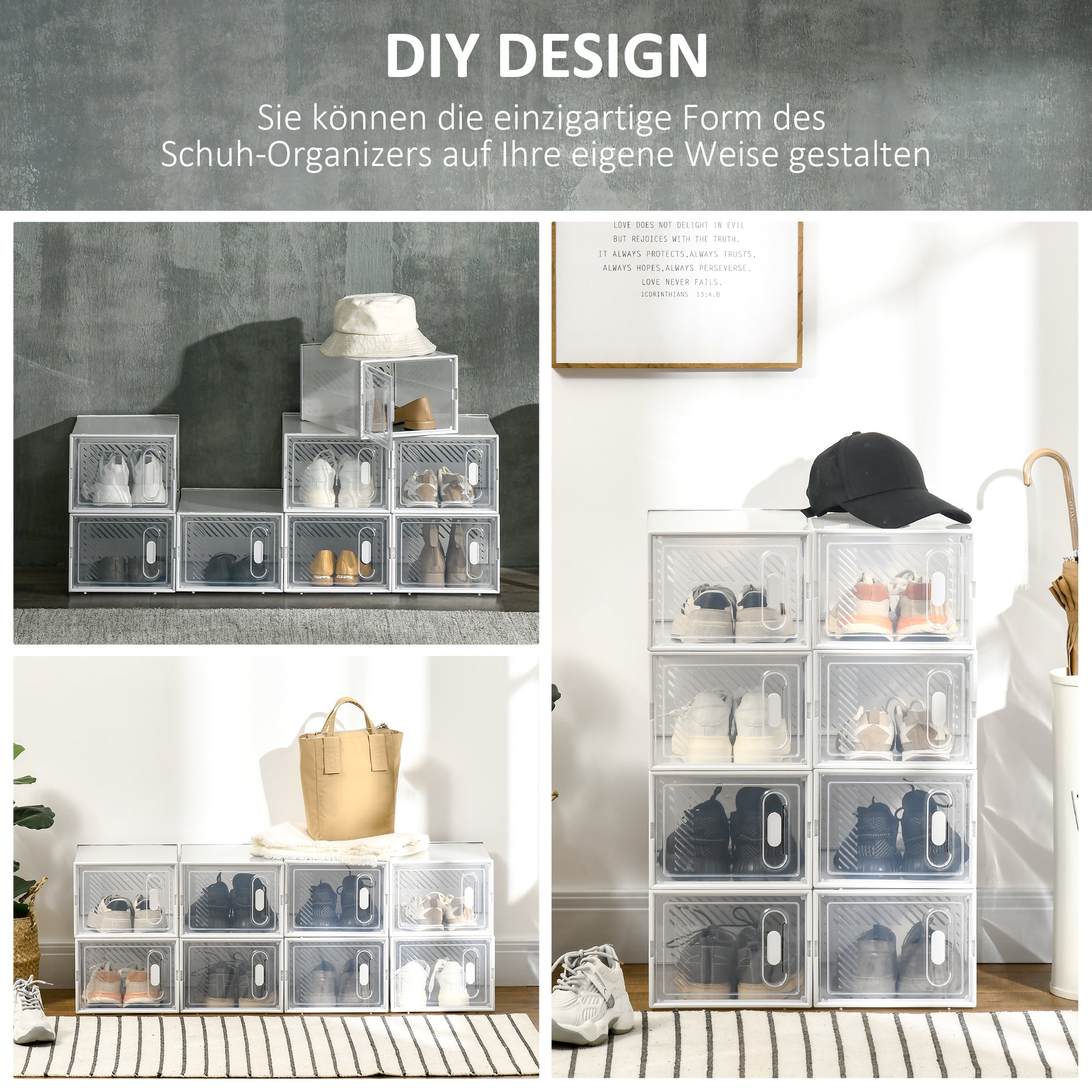 Stackable Shoe Boxes 8 Pieces Shoe Storage Boxes with Ventilation Openings Shoe Rack for High Heels, Booties, up to Size 43 Transparent White