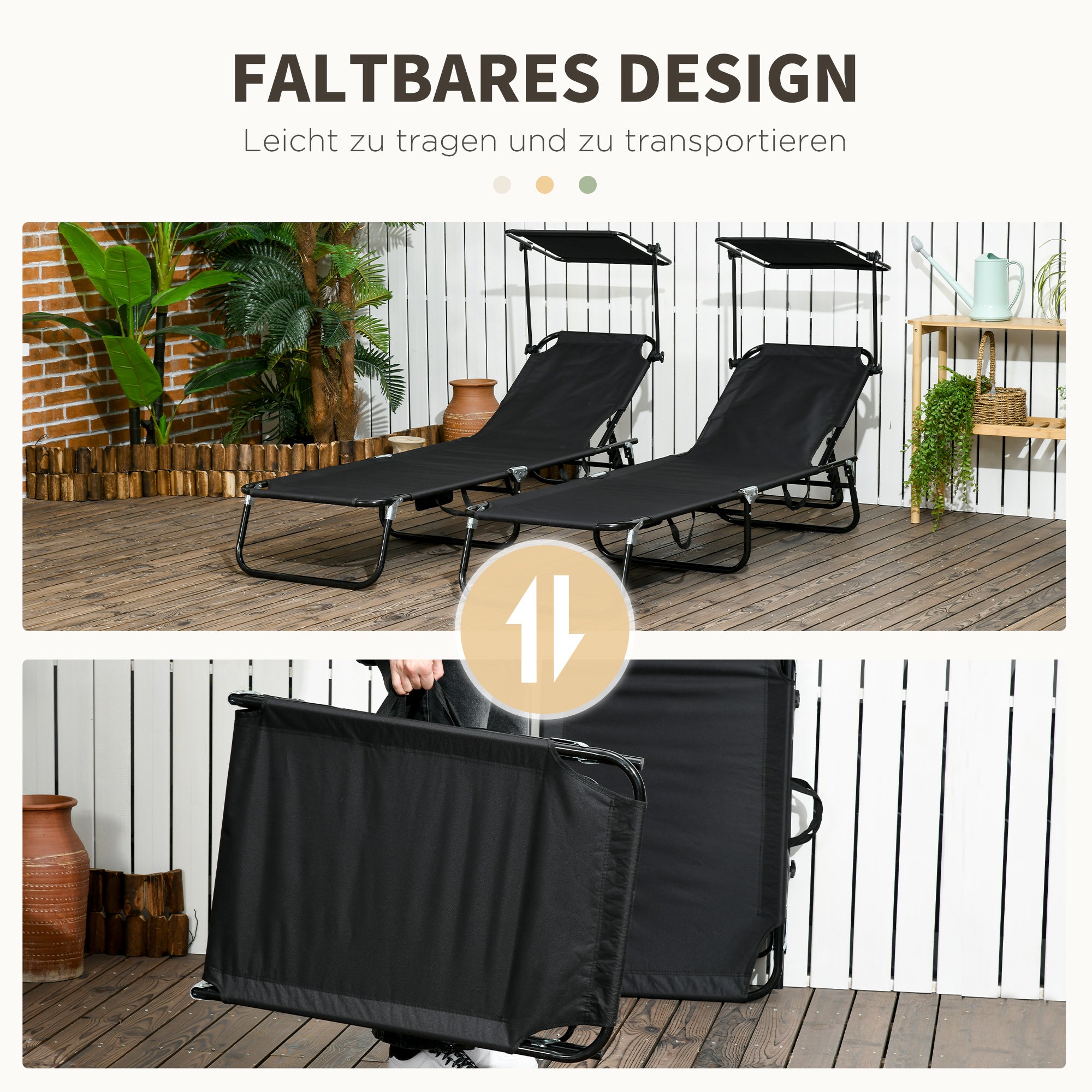 Set of 2 Folding Sun Loungers with Canopy, 5-Position Adjustable Backrest, 265 lb Capacity, Outdoor Pool & Beach — Black