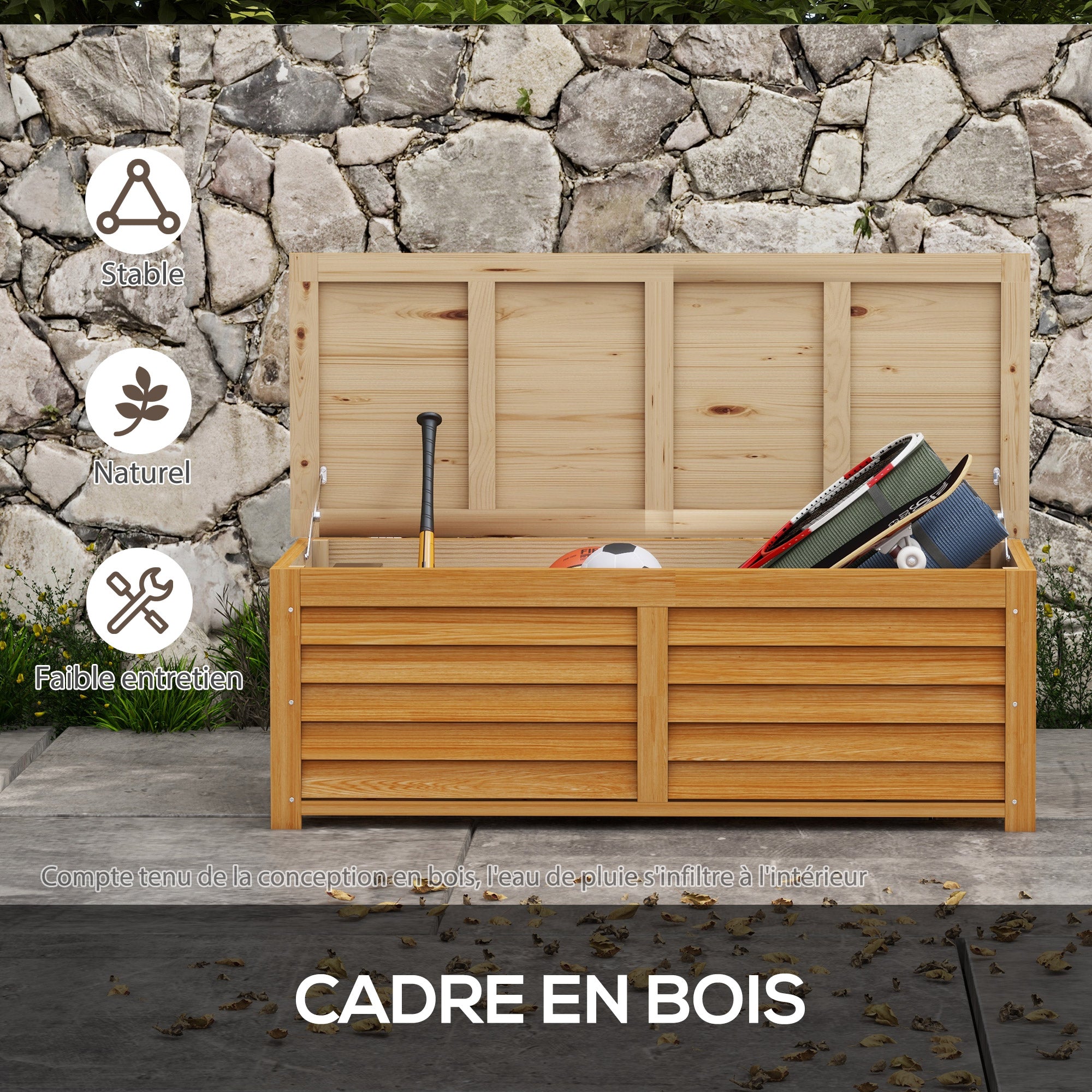 Outdoor Garden Storage Chest 176L in Wood with Handle, dim. 130L x 50W x 45H cm