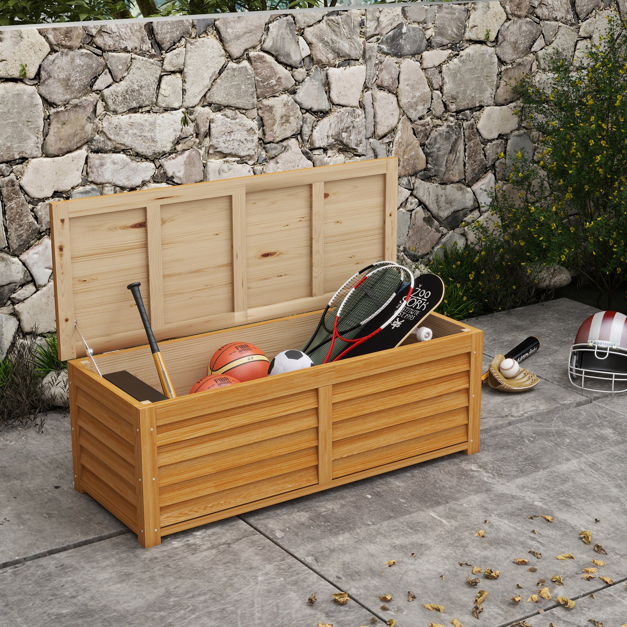 Outdoor Garden Storage Chest 176L in Wood with Handle, dim. 130L x 50W x 45H cm