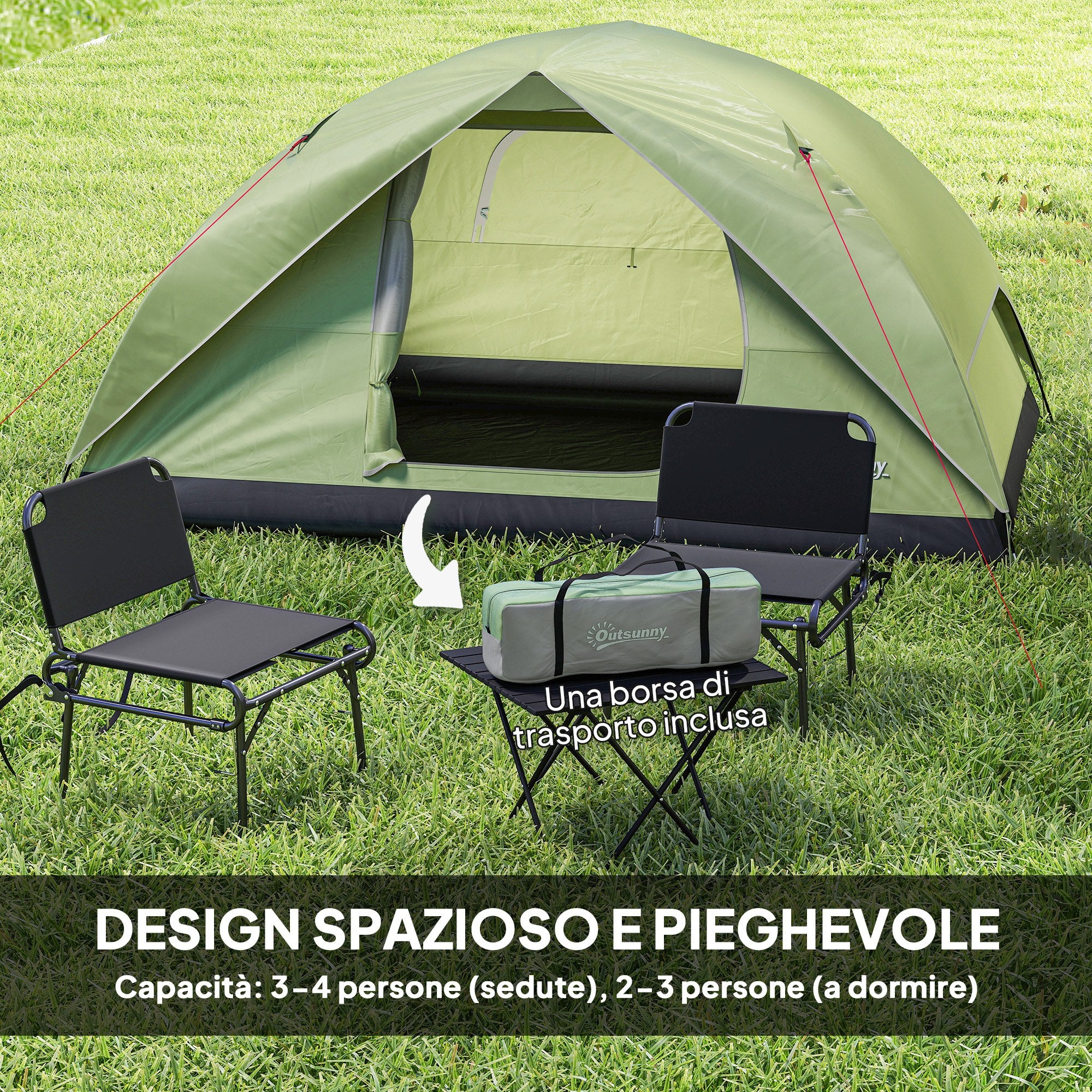 Family Camping Tent for 3 People, Waterproof Dome Tent 3000mm with Charging Port, Pockets, Lantern Hook, and Carry Bag, Green