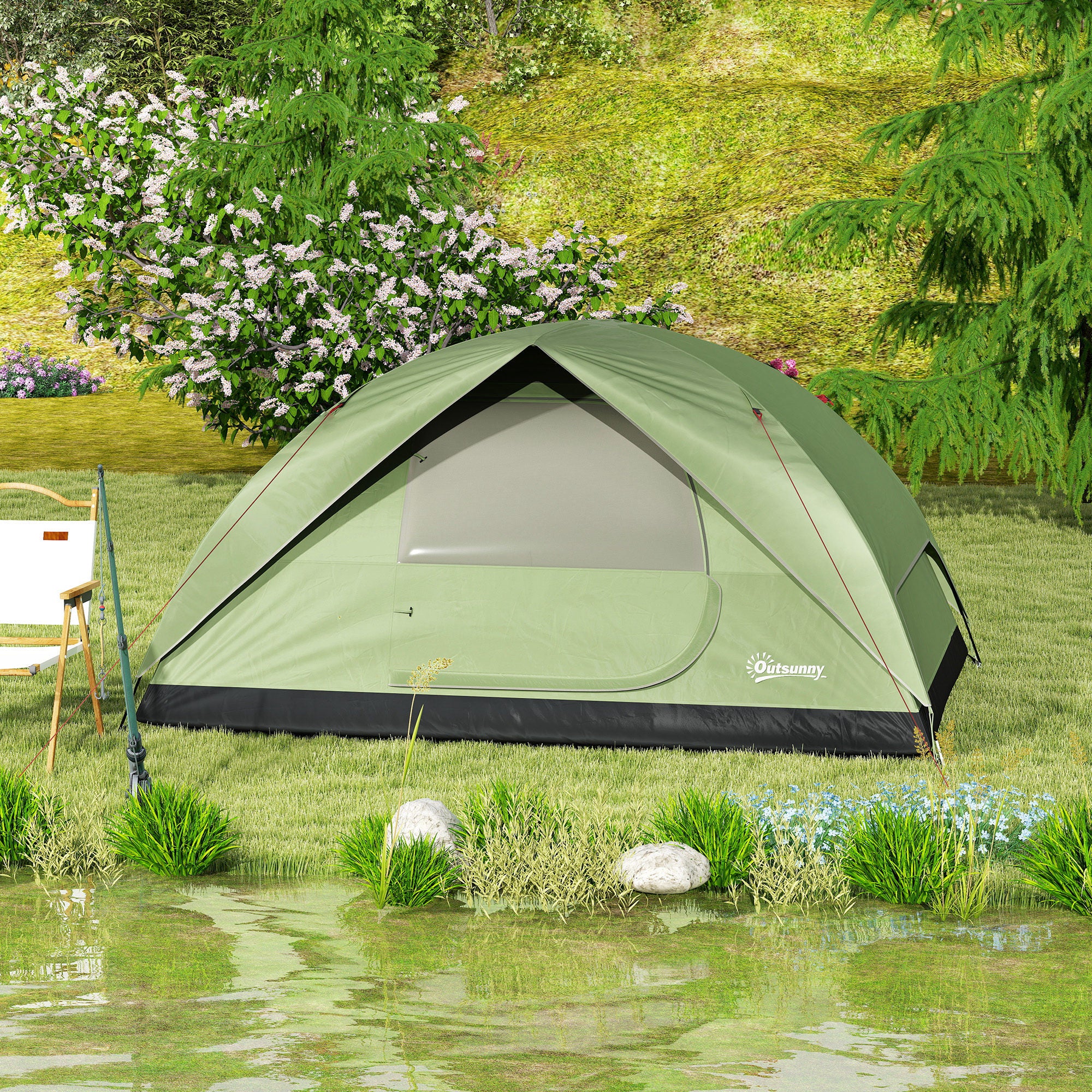 Family Camping Tent for 3 People, Waterproof Dome Tent 3000mm with Charging Port, Pockets, Lantern Hook, and Carry Bag, Green