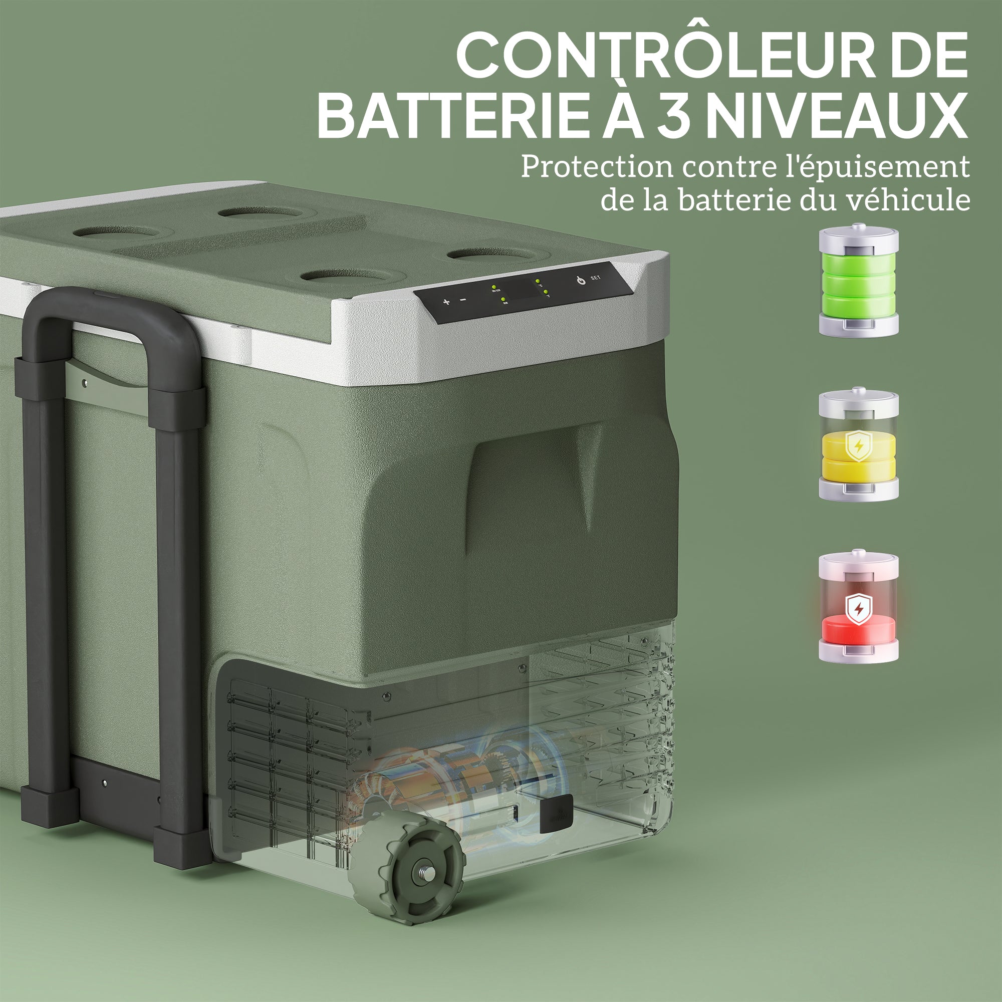 Portable Electric Cooler 40 L, Portable Car Freezer and Refrigerator 12/24V, with ECO/MAX modes, -20°C to 20°C, telescopic handle, for truck, camping, green