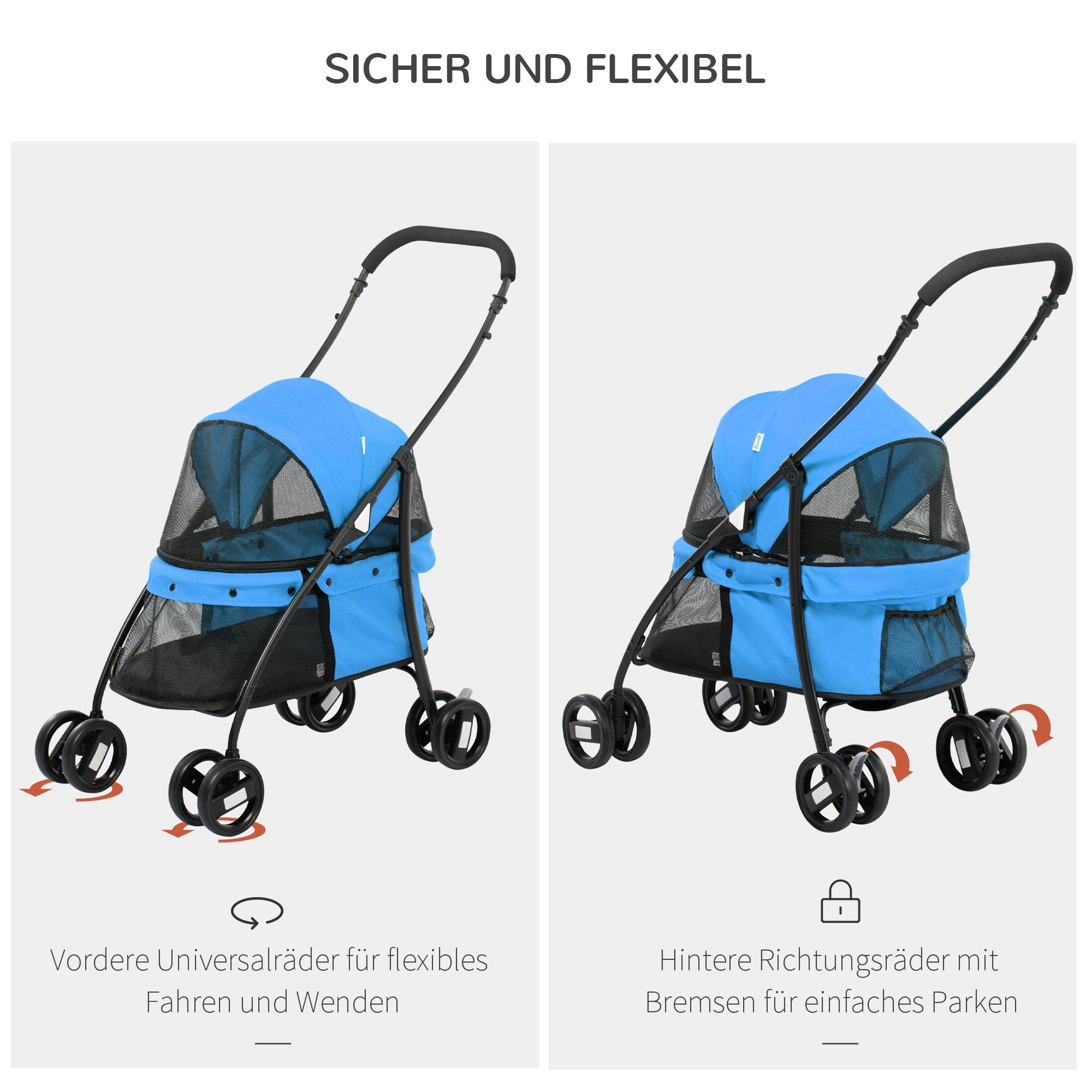 Dog Stroller Pet Pram with Cushion Mesh Window, Foldable Cat Carriage Up to 10 kg with 2 Safety Leashes, Dog Trolley, Oxford Fabric, Blue
