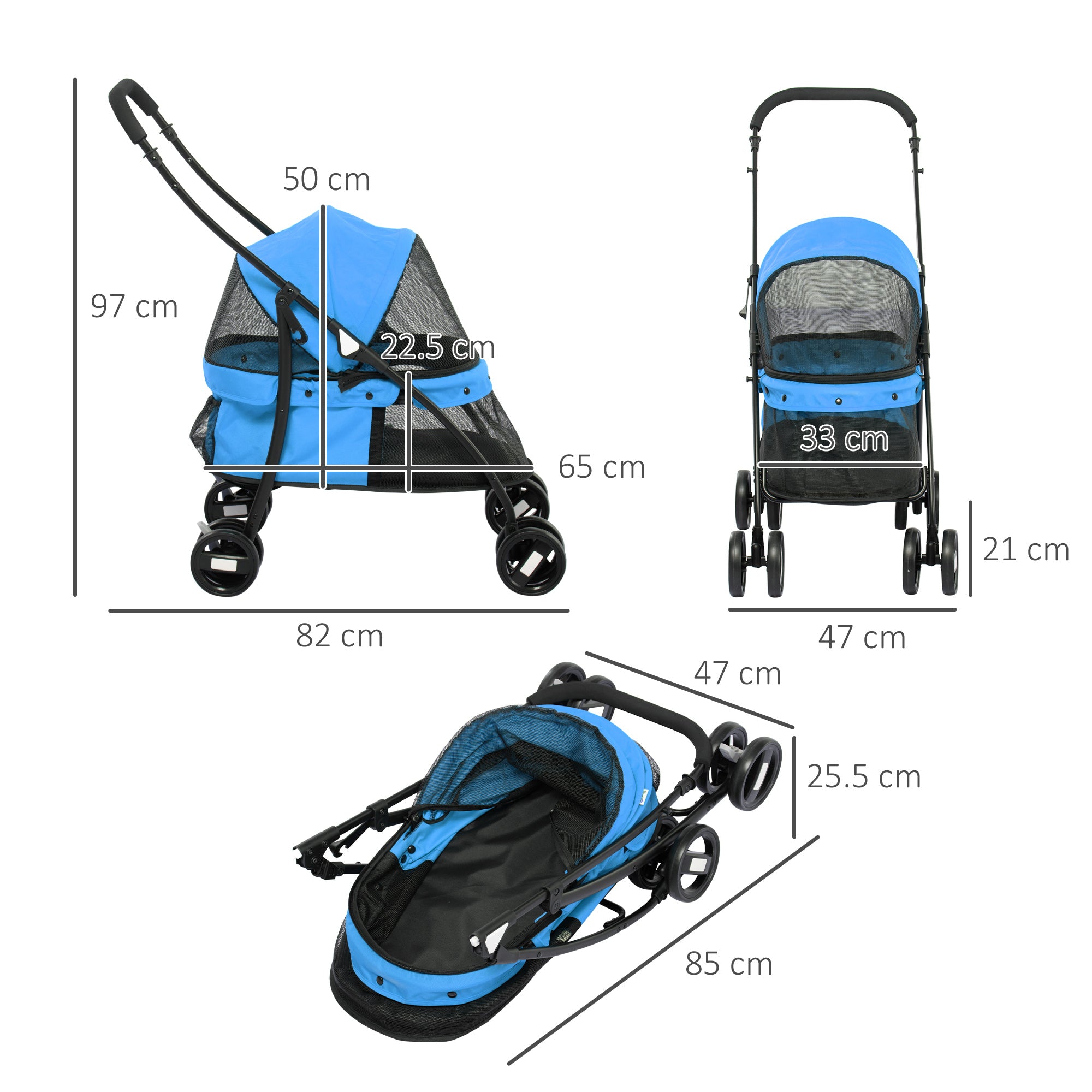Dog Stroller Pet Pram with Cushion Mesh Window, Foldable Cat Carriage Up to 10 kg with 2 Safety Leashes, Dog Trolley, Oxford Fabric, Blue