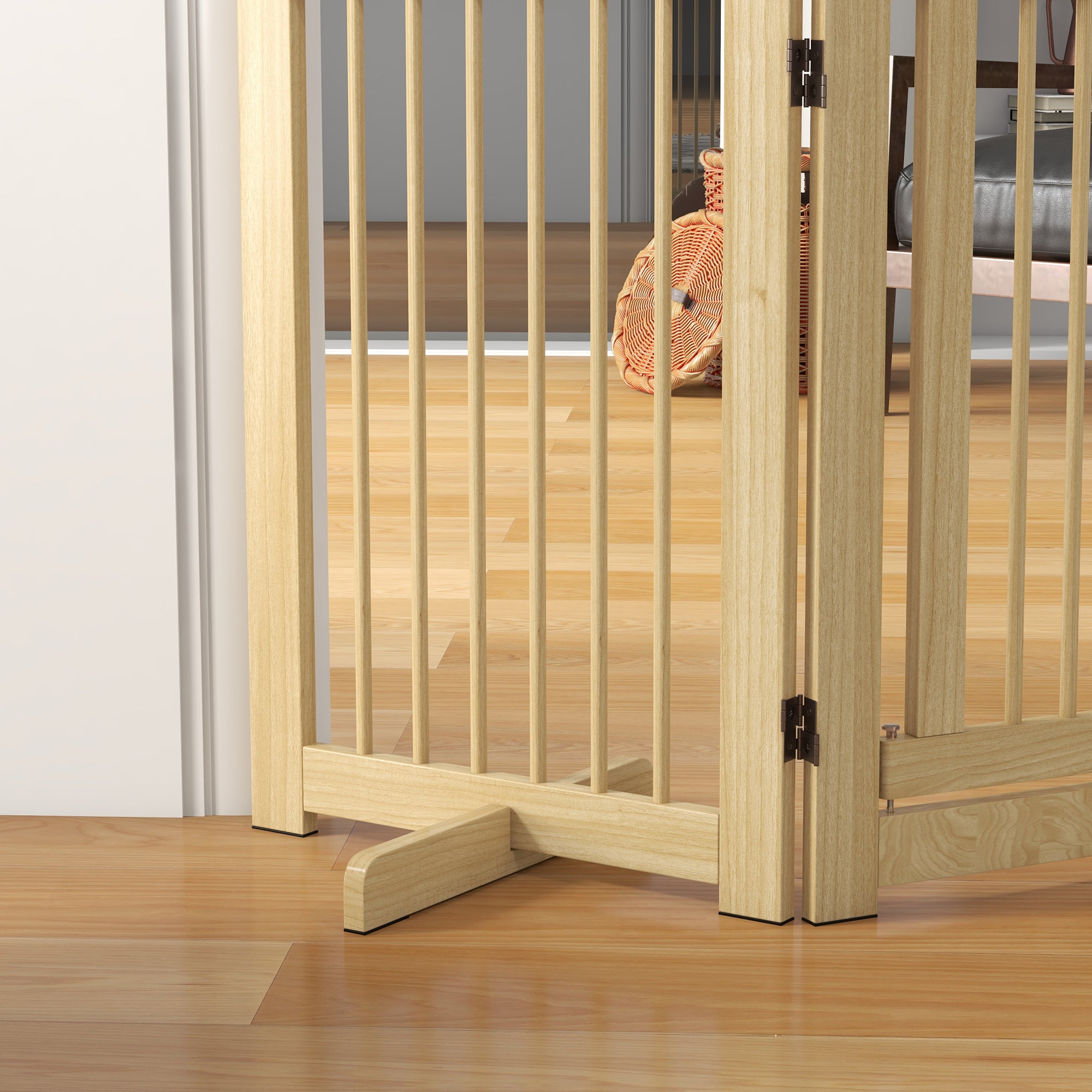 Dog Barrier Freestanding Safety Gate with Feet 204 x 75 cm Wood Dog Gate Stair Gate Door Gate Stair Gate for Stairs, Doors, Kitchen, Hallway, 4 Panels, Natural