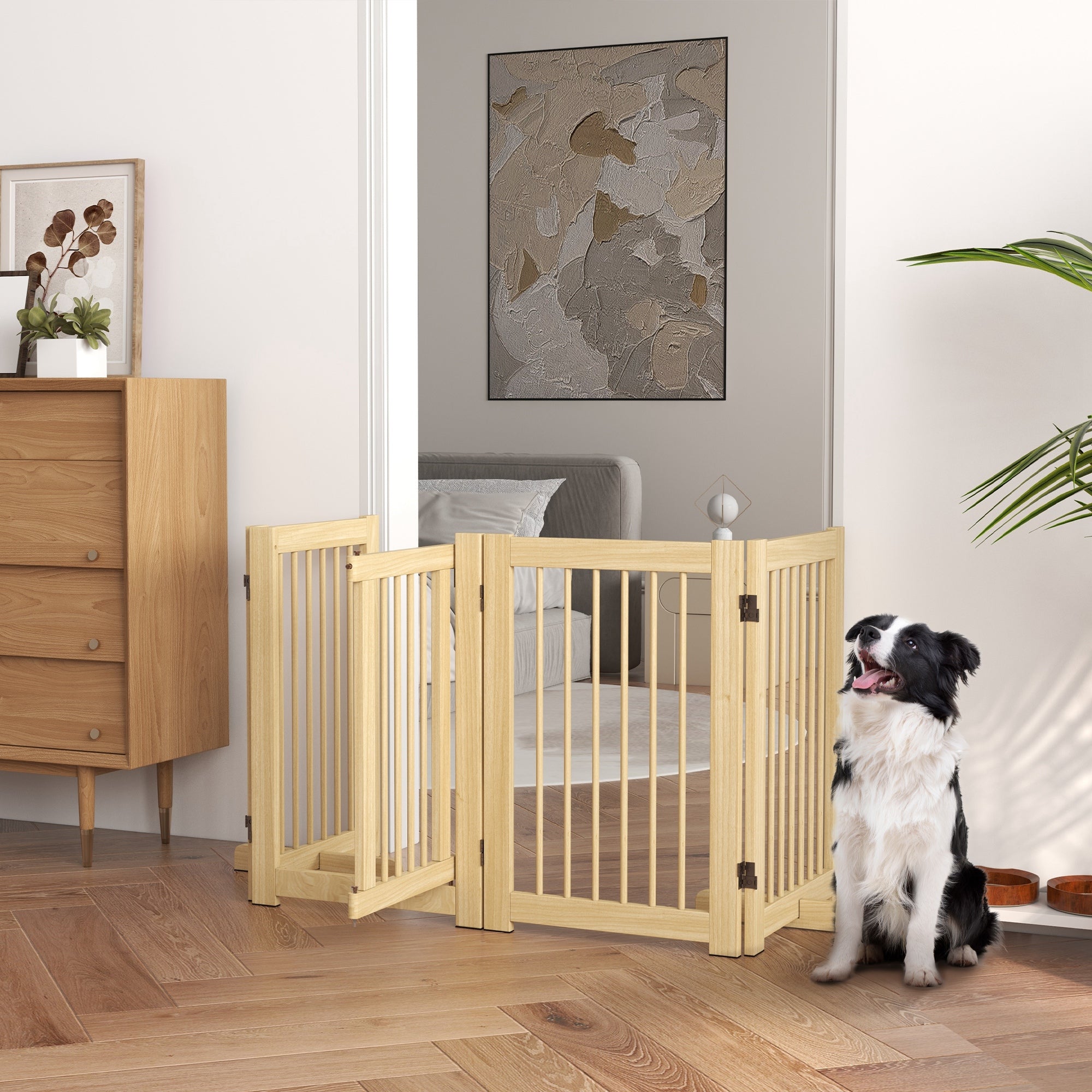 Dog Barrier Freestanding Safety Gate with Feet 204 x 75 cm Wood Dog Gate Stair Gate Door Gate Stair Gate for Stairs, Doors, Kitchen, Hallway, 4 Panels, Natural