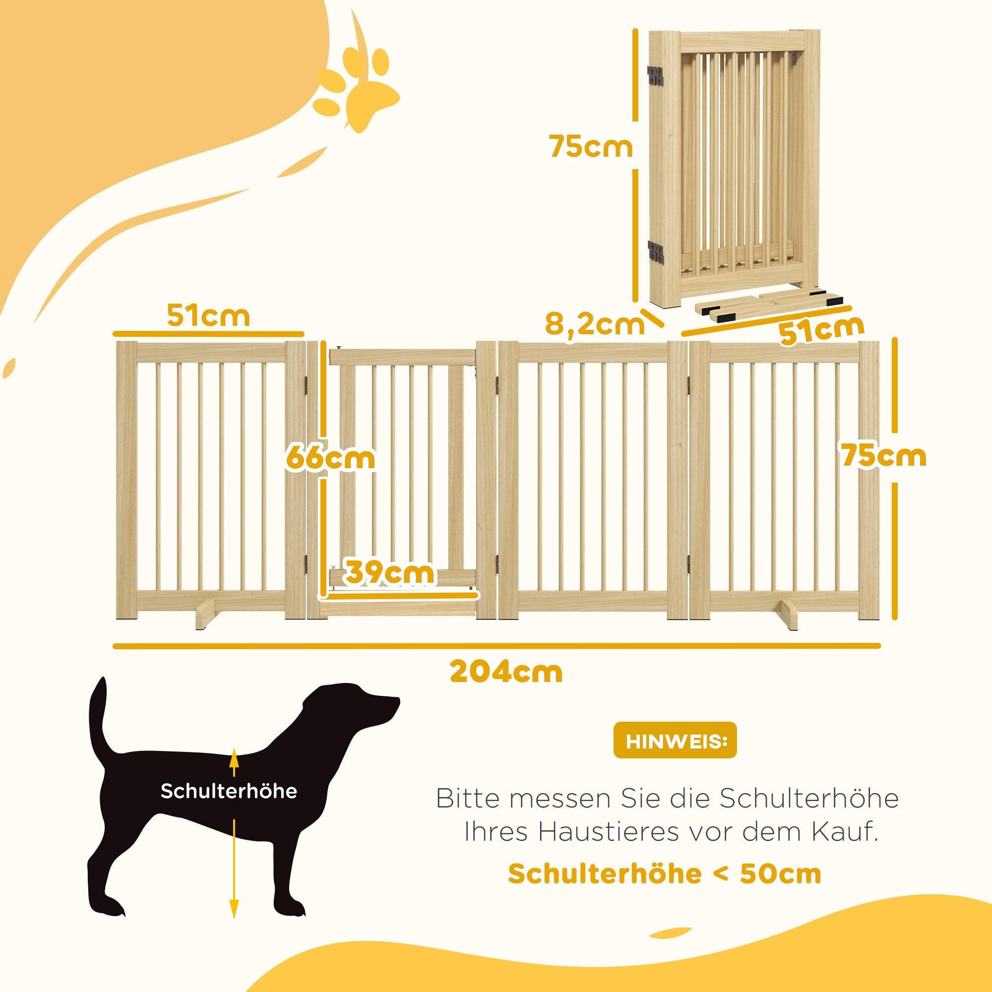 Dog Barrier Freestanding Safety Gate with Feet 204 x 75 cm Wood Dog Gate Stair Gate Door Gate Stair Gate for Stairs, Doors, Kitchen, Hallway, 4 Panels, Natural