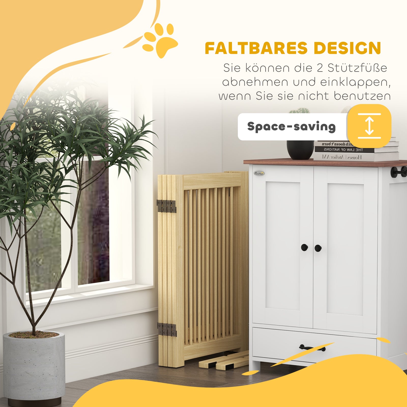 Dog Barrier Freestanding Safety Gate with Feet 204 x 75 cm Wood Dog Gate Stair Gate Door Gate Stair Gate for Stairs, Doors, Kitchen, Hallway, 4 Panels, Natural