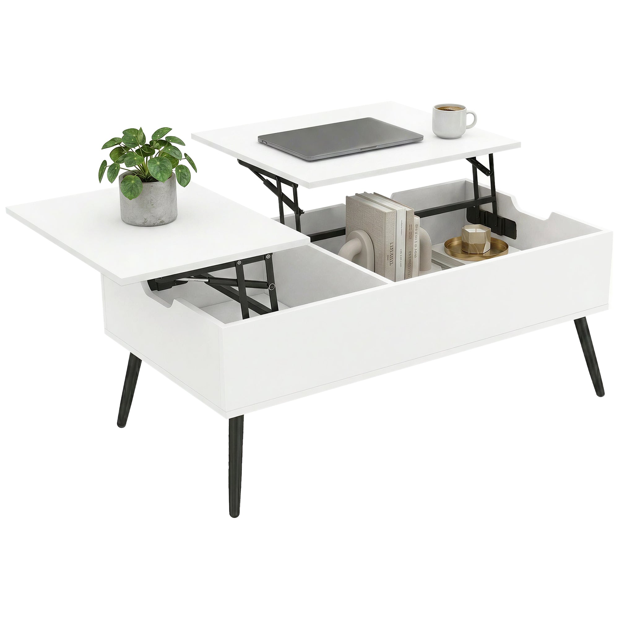 Lift-Top Coffee Table with Dual Tops & Hidden Compartment, Modern Metal-Leg Living Room Table for Home & Office — 39.4 x 19.7 x 17.2–22.8 in (100 x 50 x 43.6–58 cm), White
