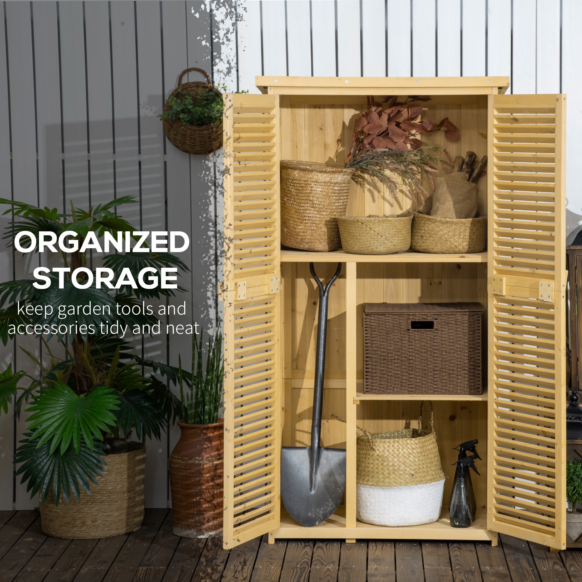 Wooden Garden Tool Shed in Fir and Pine Wood with 4 Compartments, Outdoor Garden Tool Storage Cabinet with Waterproof Roof, 87x46.5x160cm, Wood Color