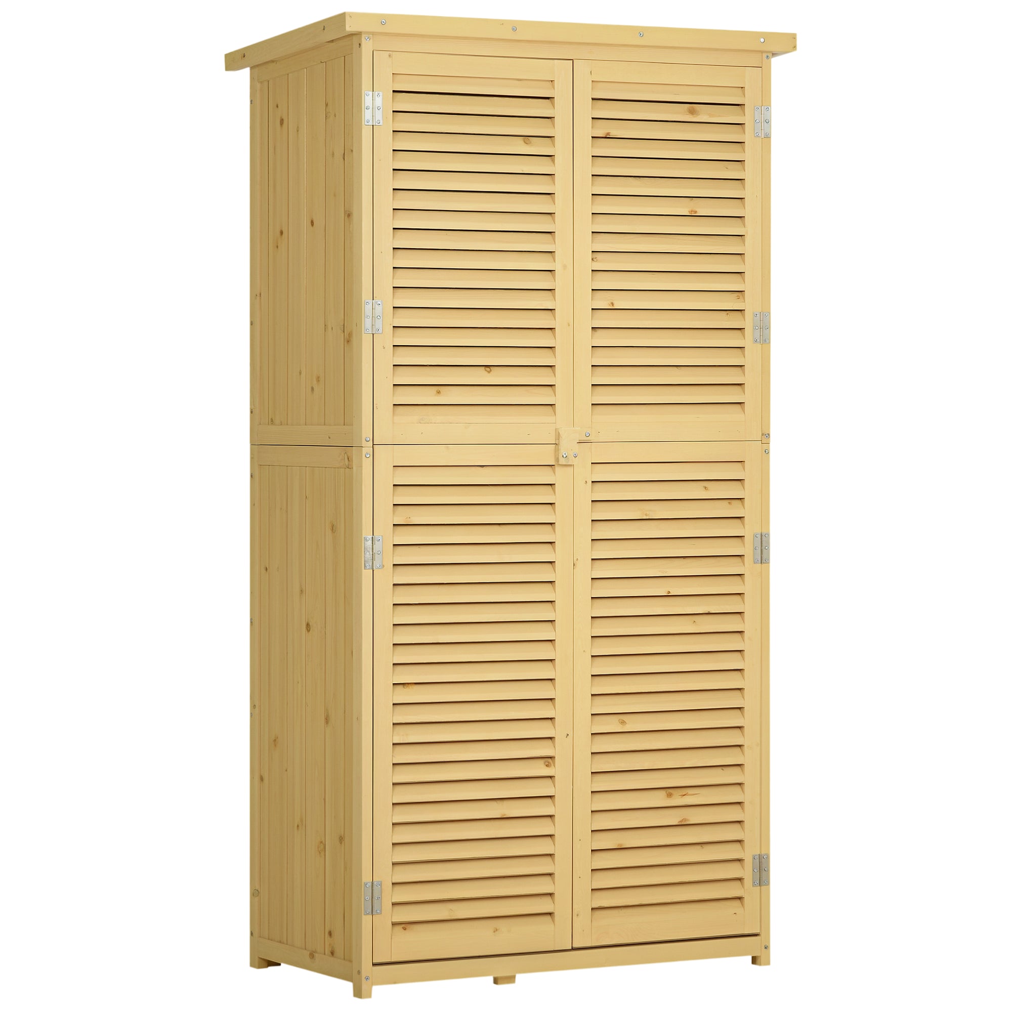 Wooden Garden Tool Shed in Fir and Pine Wood with 4 Compartments, Outdoor Garden Tool Storage Cabinet with Waterproof Roof, 87x46.5x160cm, Wood Color