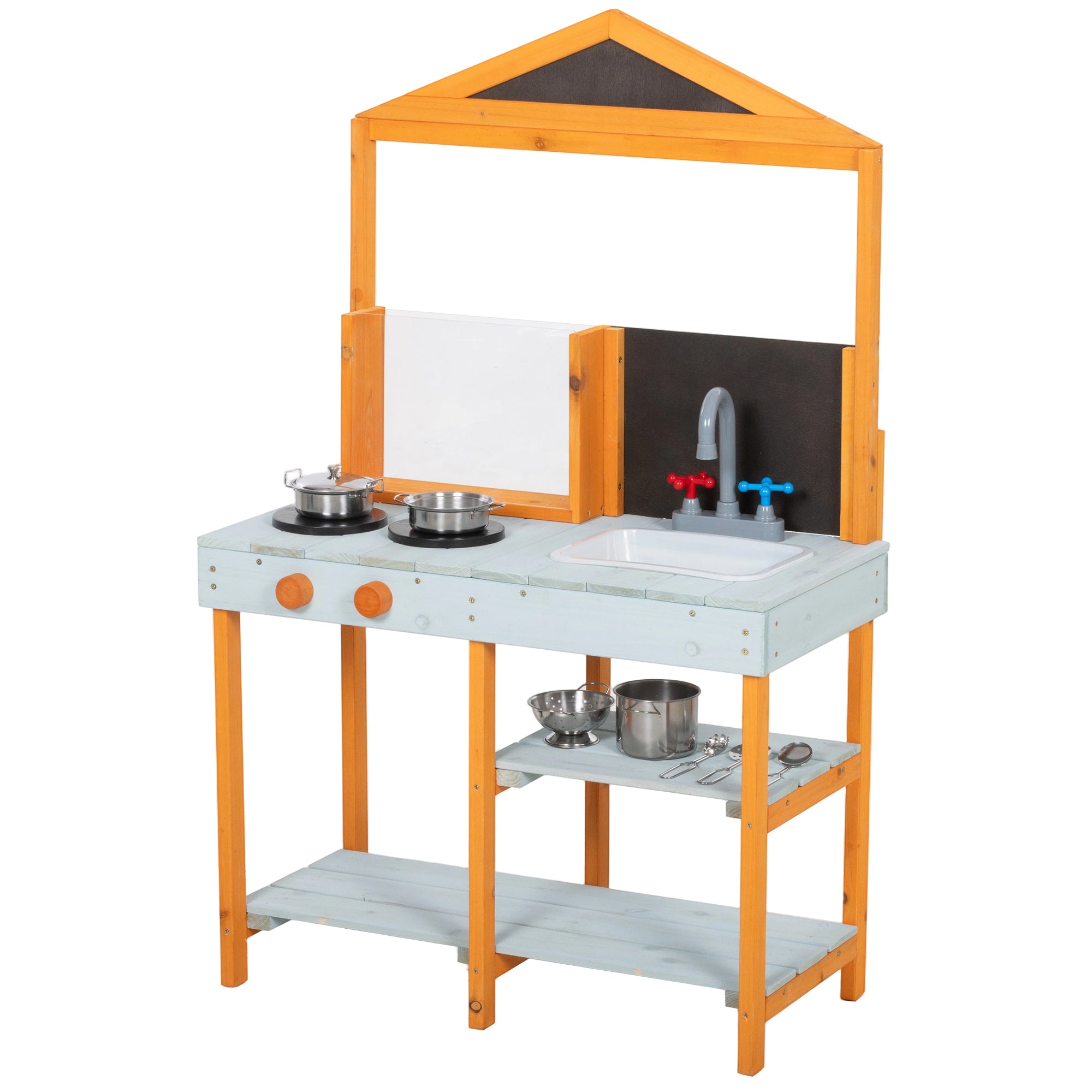 Mud Kitchen Outdoor Play Kitchen, Wooden with Stove, Removable Sink & Shelves—Includes 4 Stainless Bowls & 3 Shovels, Ages 3–8, Light Blue